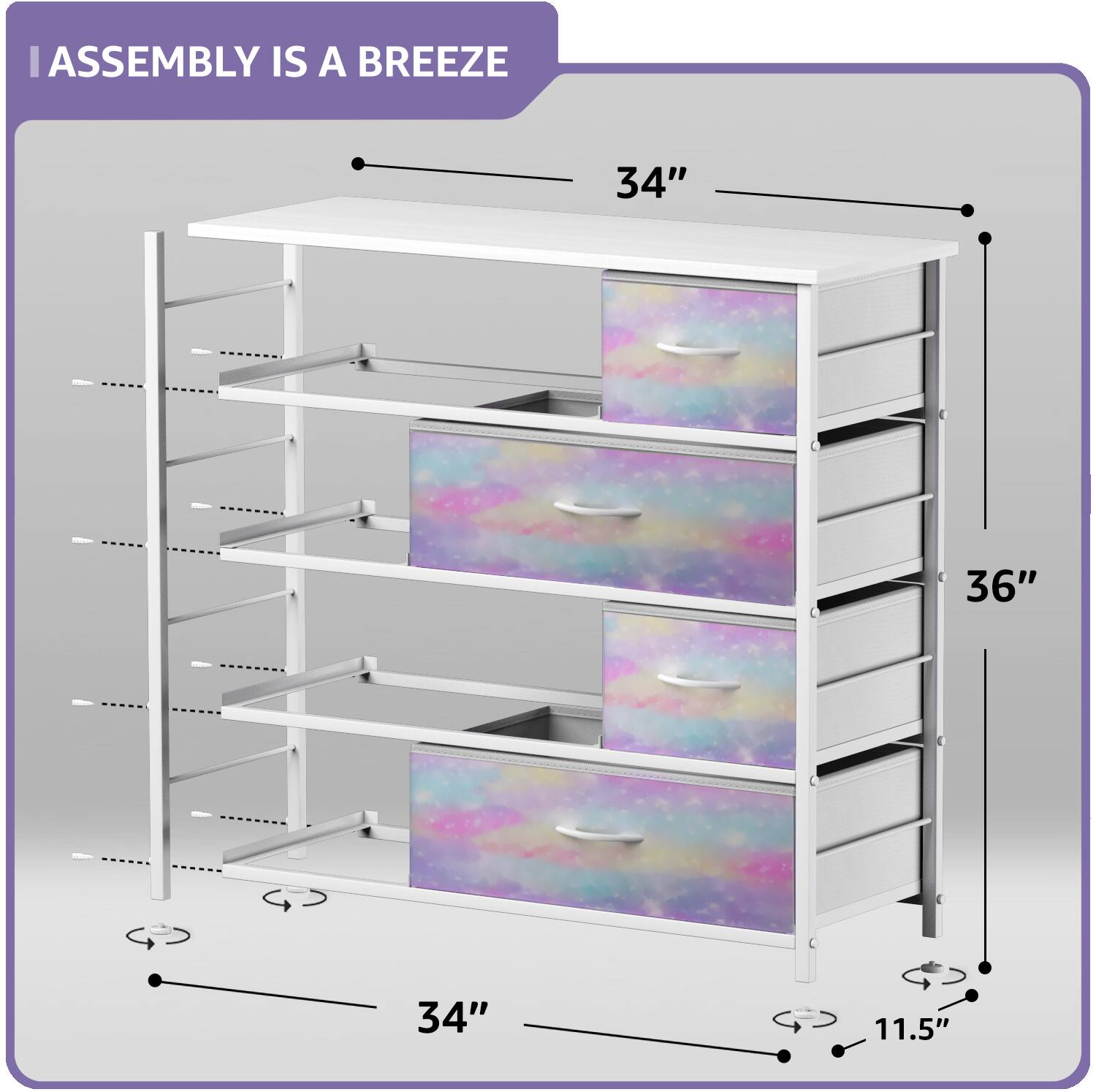 ASSEMBLY IS A BREEZE

34"  
36"  
34"  
11.5"
