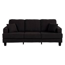 Vaczon - 84" Upholstered Sofa with USB Charging Ports, Dual Cup Holders, and 2 Throw Pillows, 3-Seat Living Room Couch - Black