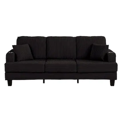 Front. Vaczon - 84" Upholstered Sofa with USB Charging Ports, Dual Cup Holders, and 2 Throw Pillows, 3-Seat Living Room Couch - Black.