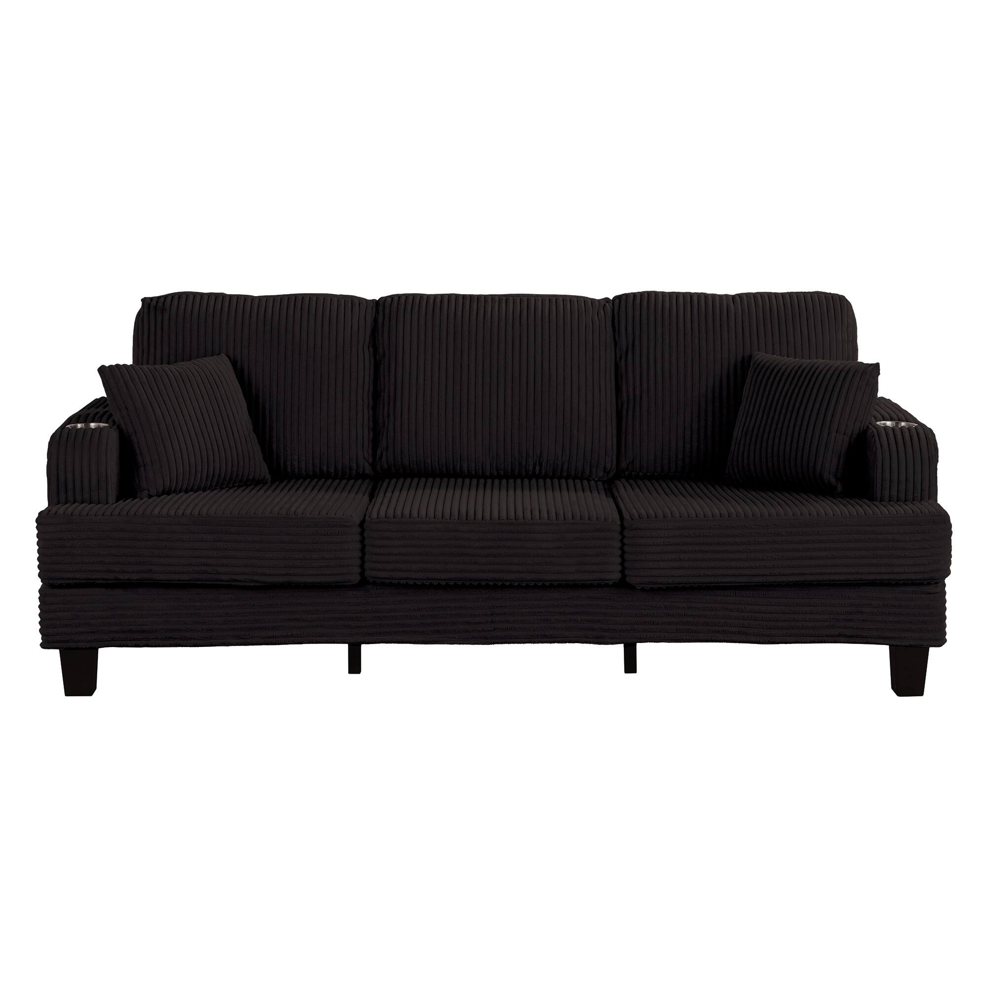 Front. Vaczon - 84" Upholstered Sofa with USB Charging Ports, Dual Cup Holders, and 2 Throw Pillows, 3-Seat Living Room Couch - Black.