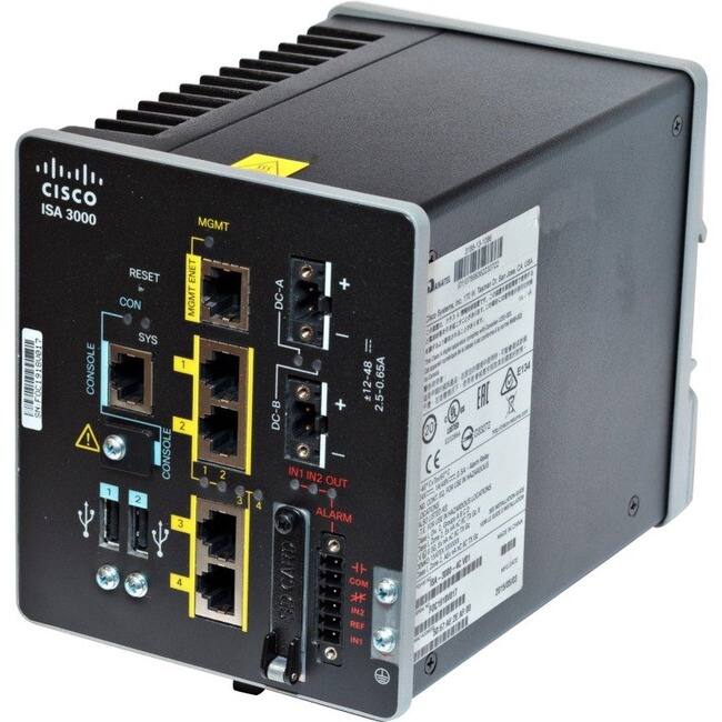 CISCO ISA 3000
MGMT
RESET
CON
SYS
DC-A
+ 12-48V
- 2.5-0.65A
DC-B
+ 12-48V
- 2.5-0.65A
CONSOLE 1
CONSOLE 2
IN1 IN2 OUT
ALARM
IN1 REP IN2
SCARD
CE
FCC
IC
25-0651
12-48-1698
Juen no K
ET3A
ERI X 20
CE 4 H COM