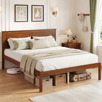 Front. Gymax - Gymax Full Size Bed Frame Farmhouse Wooden Platform Bed w/Headboard Under-Bed Storage - Brown.