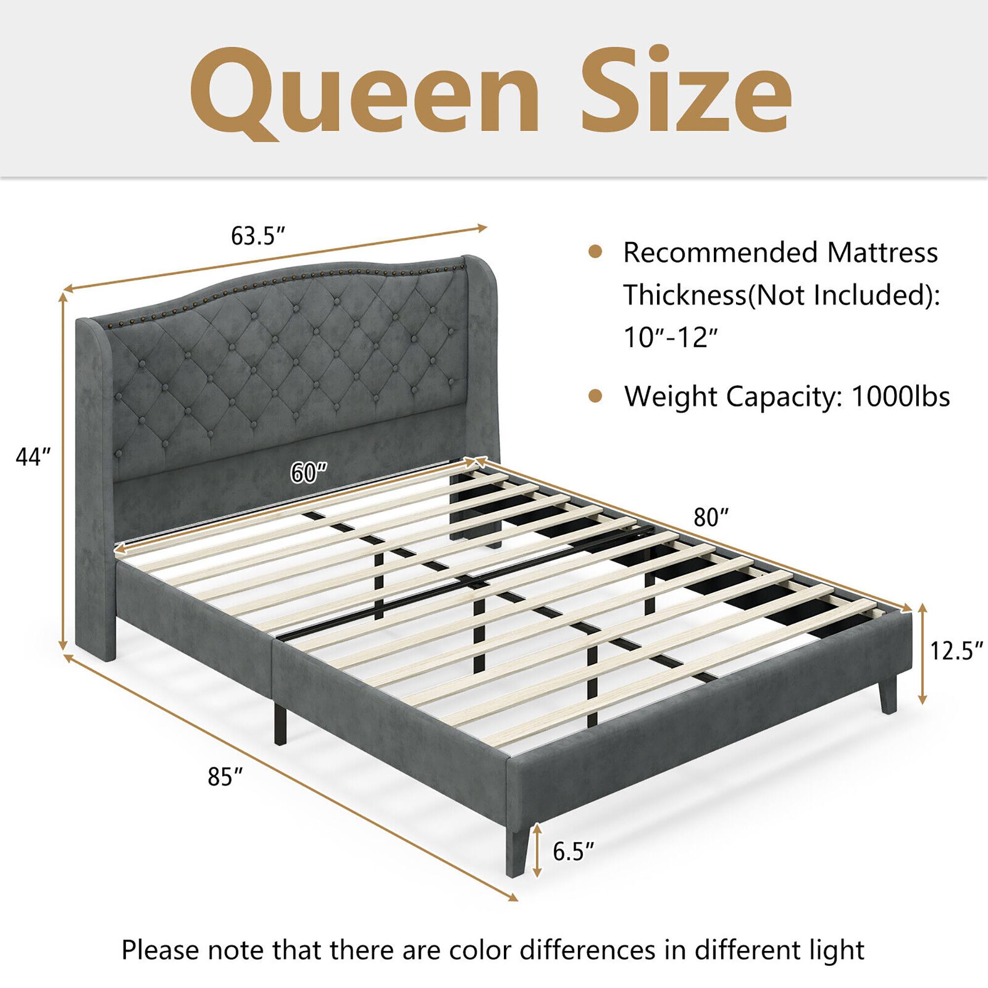 Queen Size

- Recommended Mattress Thickness (Not Included): 10"-12"
- Weight Capacity: 1000lbs

63.5"  
44"  
60"  
80"  
85"  
12.5"  
6.5"

Please note that there are color differences in different light