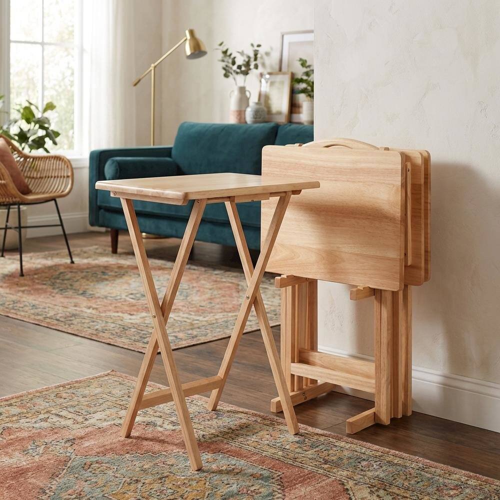 Alt View 3. FurniFact - 5-PC Folding Tray Table Set - Natural.