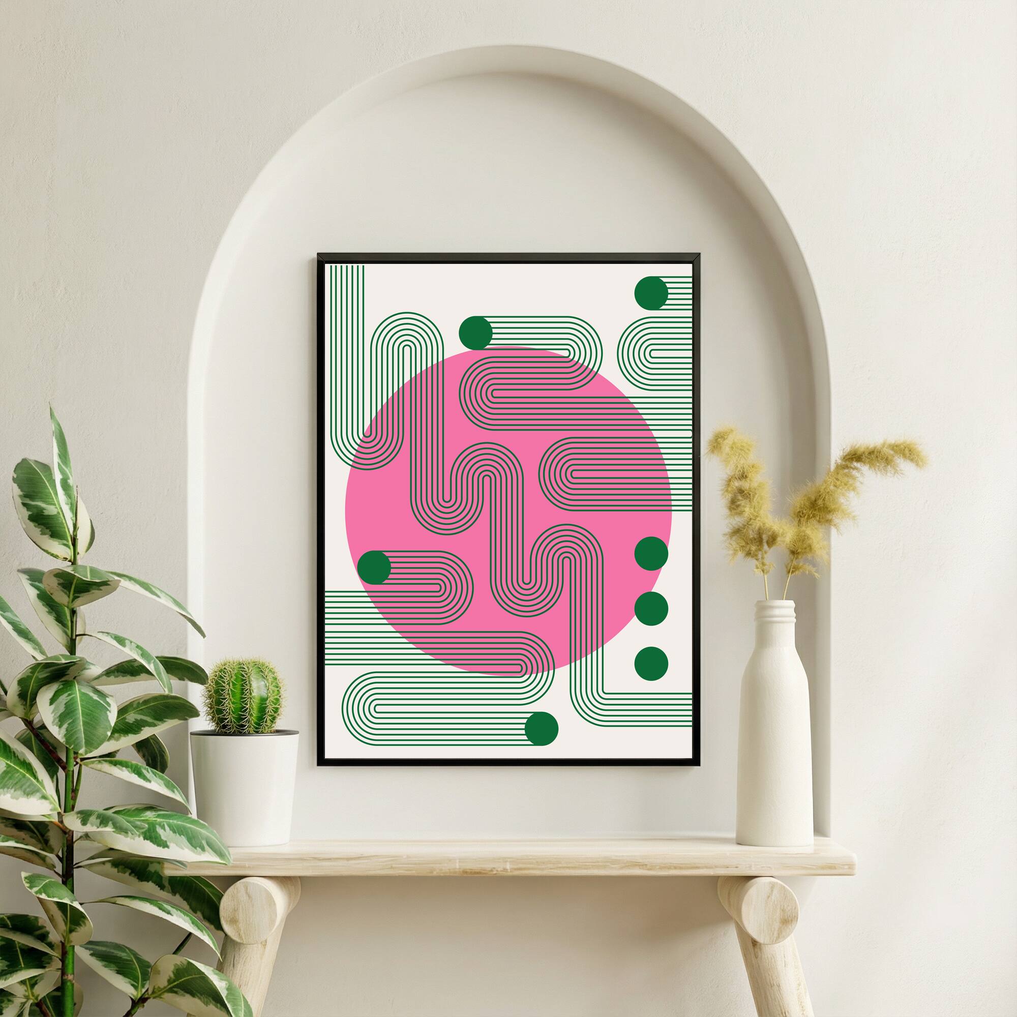 Alt View 1. HOMLUX - 1 Piece Framed Abstract Canvas Wall Art Pink Circle Wall Decor Green Line Art Decorative Canvas Print 24 in. x 18 in. - Multi-Colored.