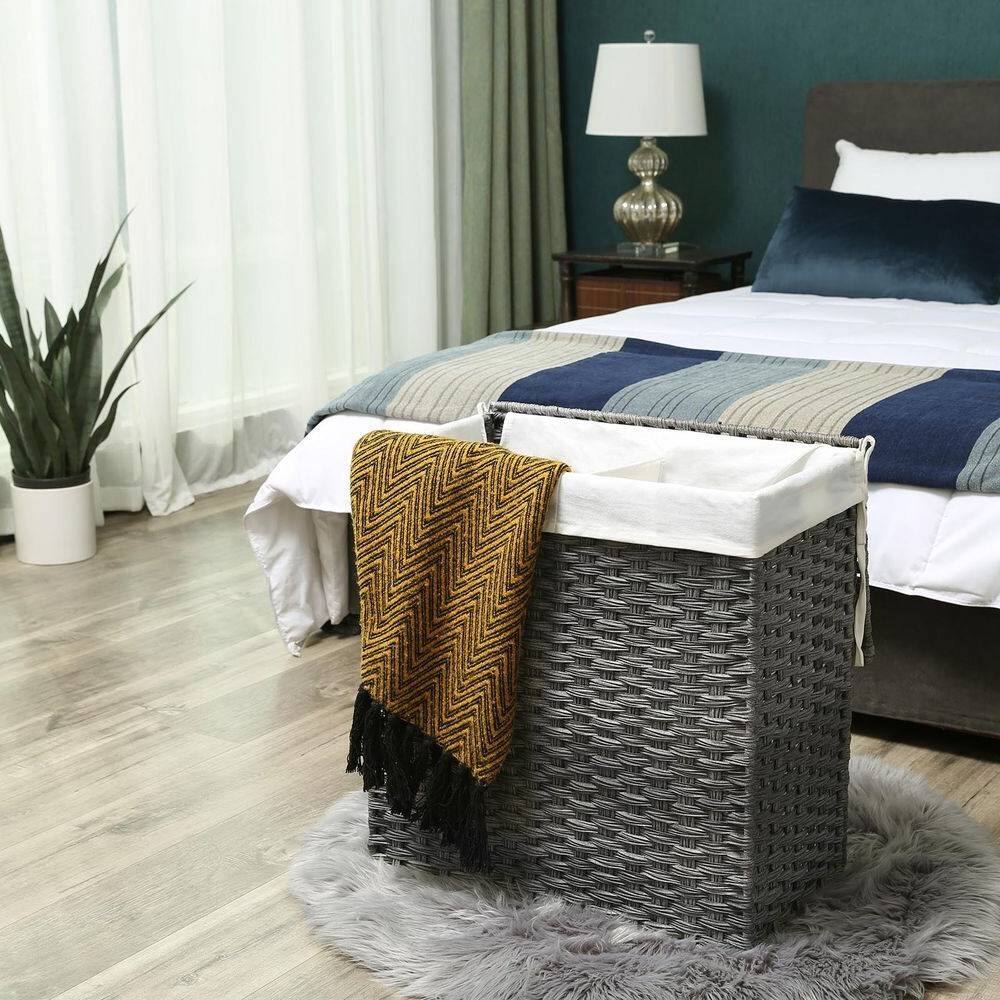 Left. Hivvago - Grey PP Rattan 29-Gal Laundry Hamper Basket w/ 2-Compartment Washable Liner Bag - Grey.