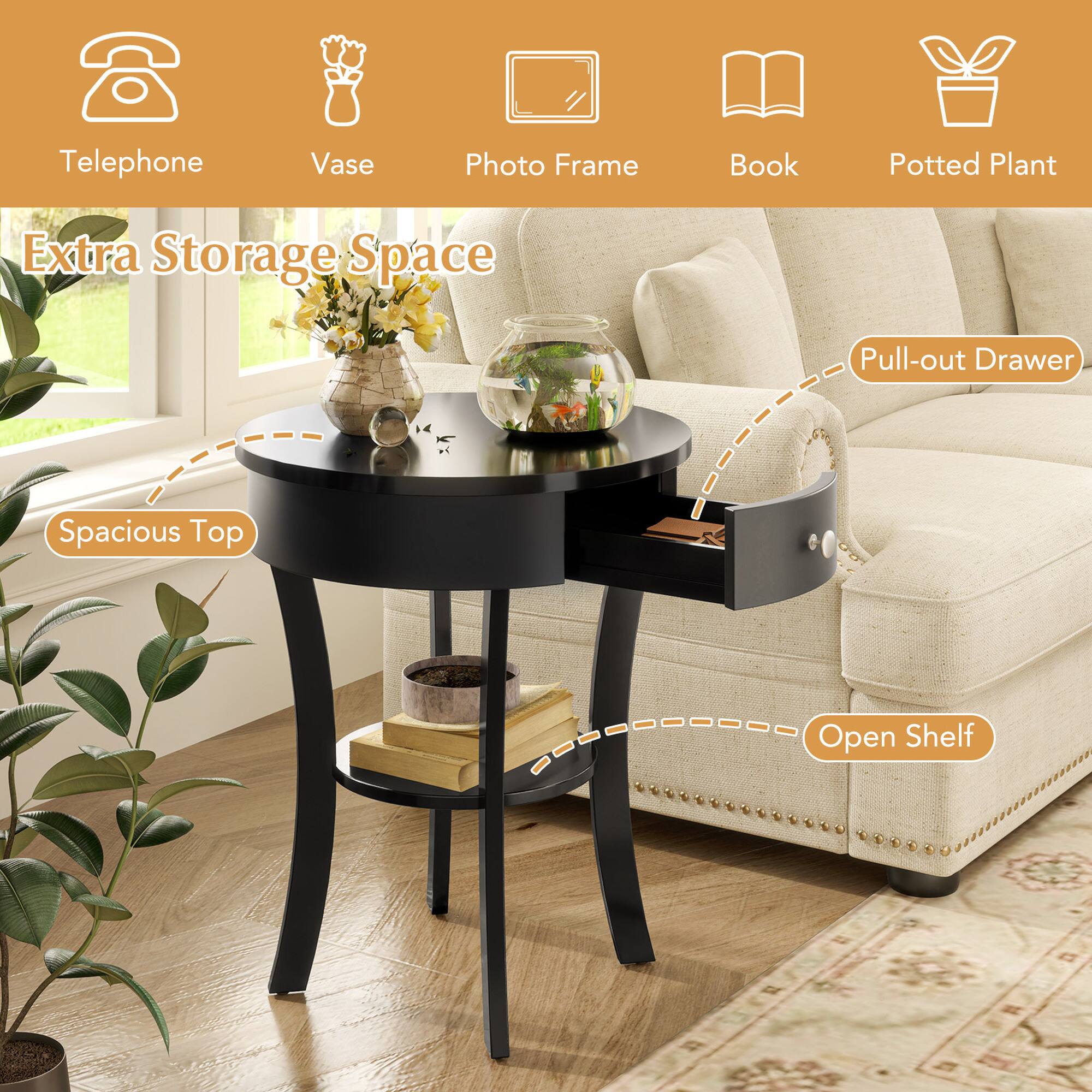 Telephone Vase Photo Frame Book Potted Plant Extra Storage Space Pull-out Drawer Spacious Top Open Shelf