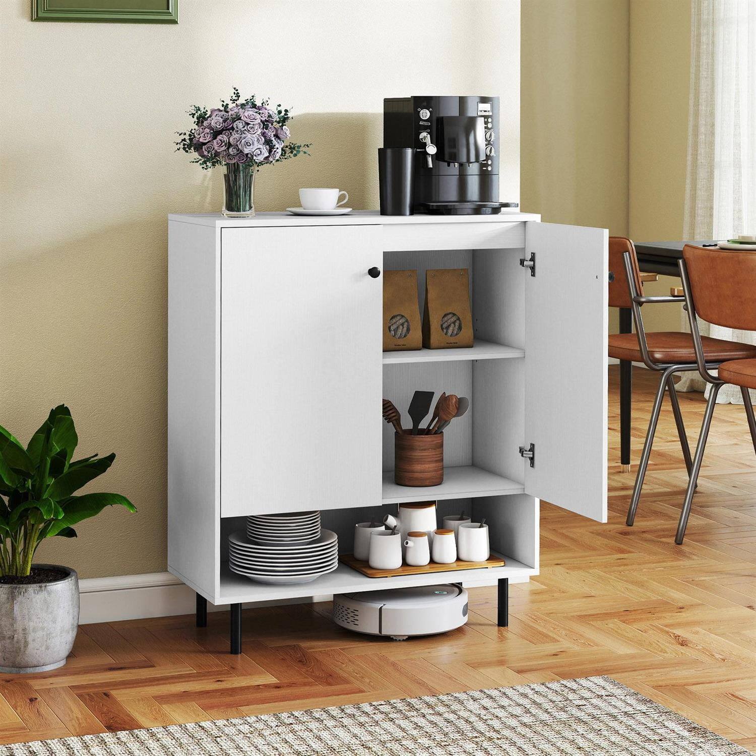 Alt View 1. Pefilos - 2-Door Sideboard Cabinet,Adjustable Removable Shelf,Metal Legs Anti-Tip,White - White.