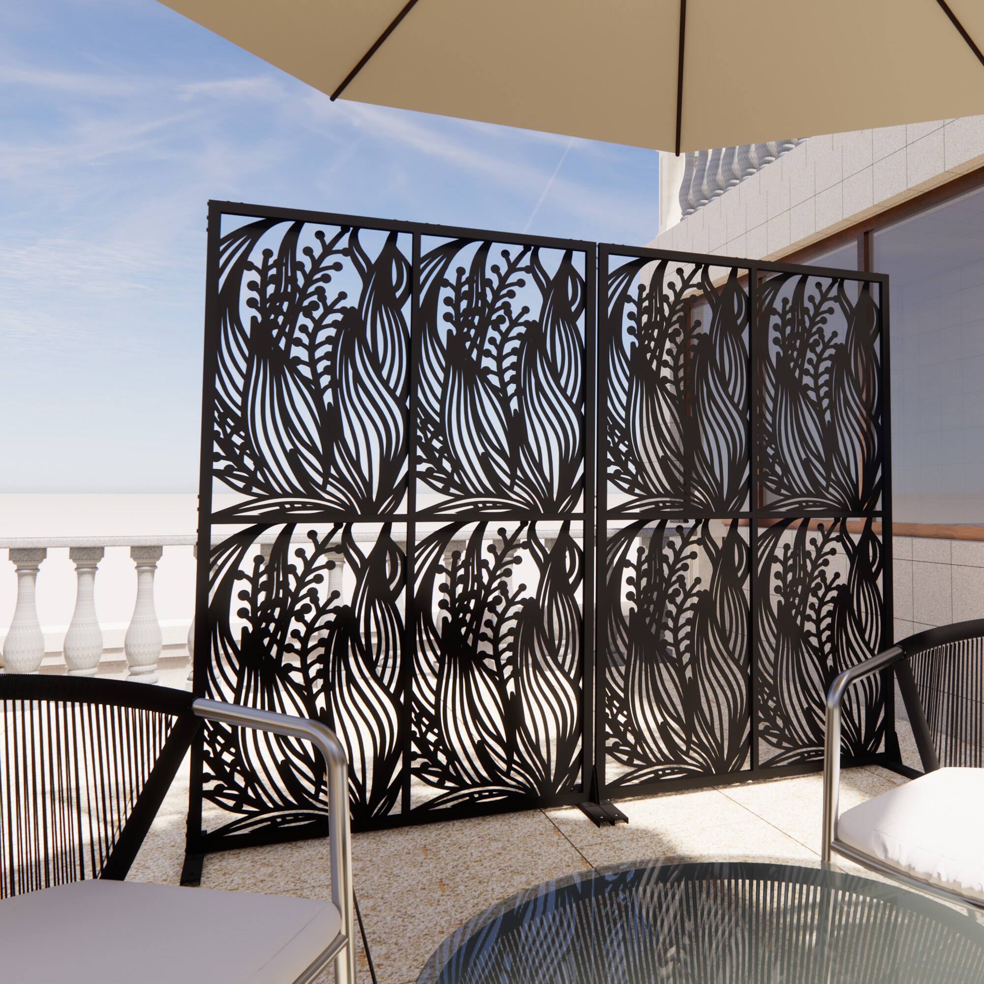 Left. Loheer - Decorative Metal Privacy Screen 3.8 ft x 6 ft Freestanding Room Divider for Patio Balcony Garden - Black.