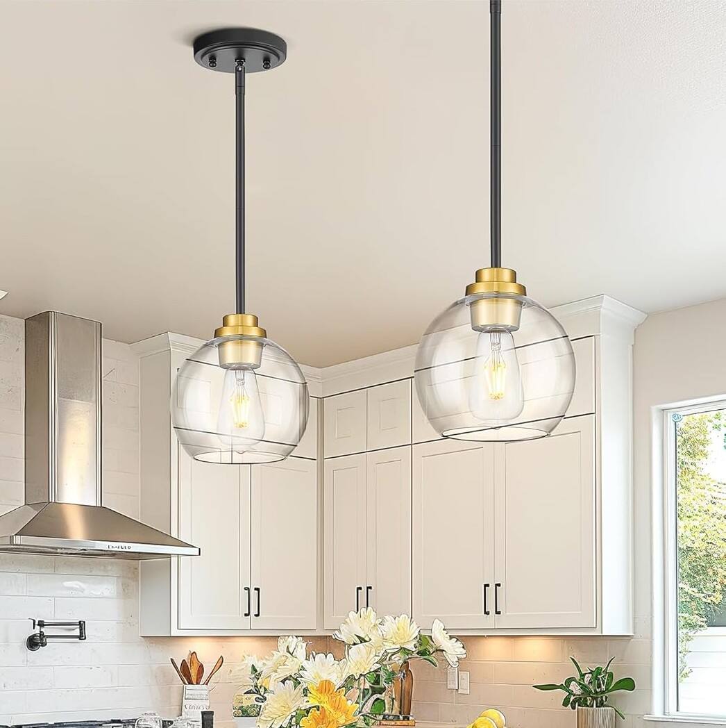 Alt View 3. FINEAK - Farmhouse Kitchen Island Pendant Lights with Clear Glass Shade (2-Pack) - Clear Glass Globe, Black and Gold.