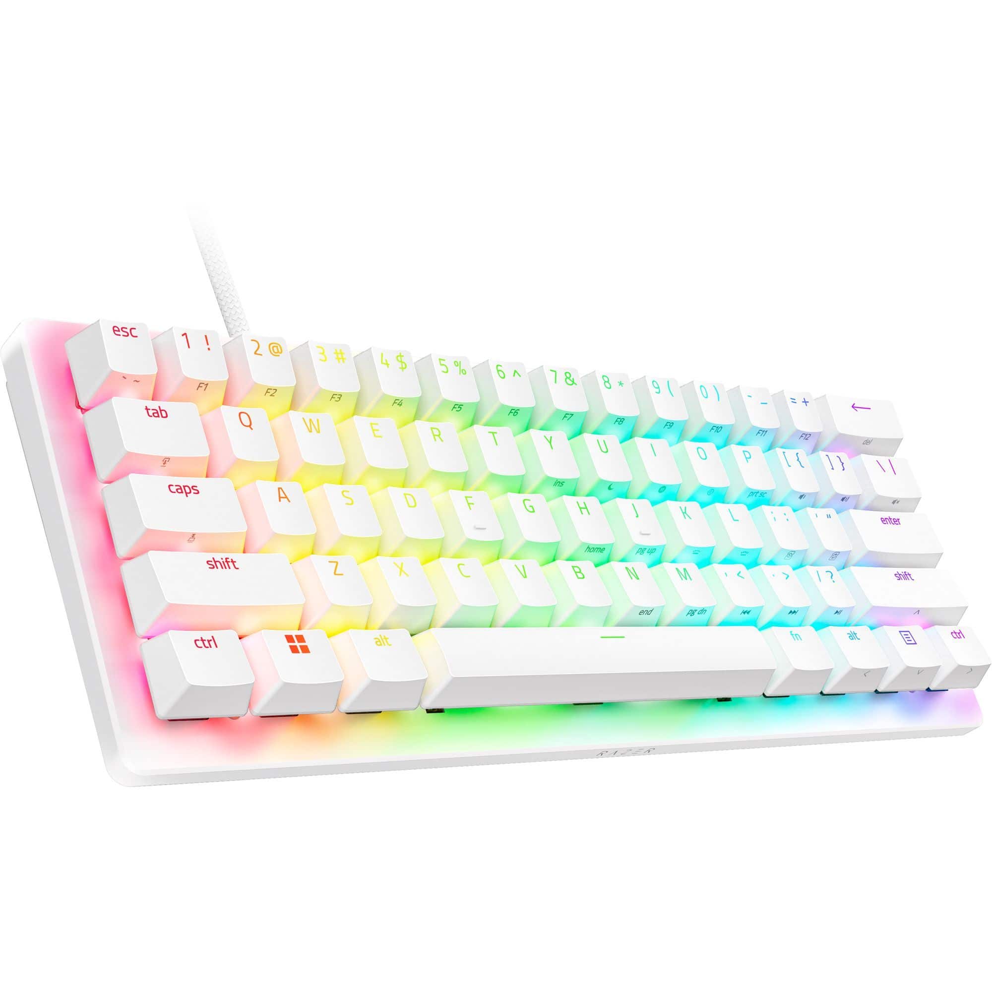 The image shows a white keyboard with a rainbow-colored design. The keys are arranged in rows, with the top row containing the numbers 1 through 9, and the letters A through Z. The second row contains the numbers 1 through 9, as well as the F1 through F12 keys. The third row consists of the numbers 1 through 9, and the letters A through Z. The fourth row contains the numbers 1 through 9, and the letters A through Z. The fifth row contains the numbers 1 through 9, and the letters A through Z. The sixth row contains the numbers 1 through 9, and the letters A through Z. The seventh row contains the numbers 1 through 9, and the letters A through Z. The eighth row contains the numbers 1 through 9, and the letters A through Z. The ninth row contains the numbers 1 through 9, and the letters A through Z. The tenth row contains the numbers 1 through 9, and the letters A through Z. The eleventh row contains the numbers 1 through 9, and the letters A through Z. The twelfth row contains the numbers 1 through 9, and the letters A through Z.