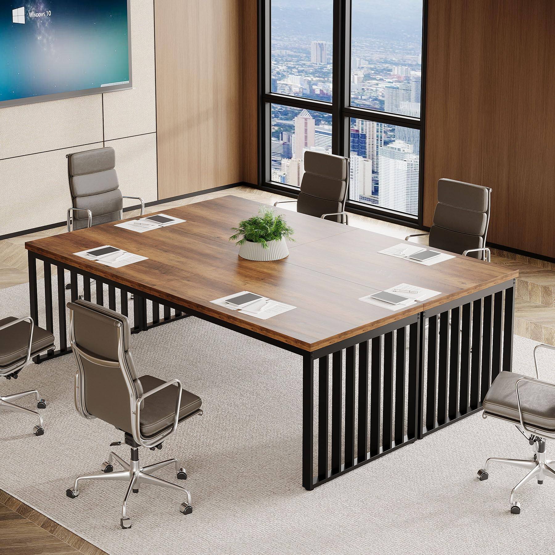 Alt View 4. Tribesigns - 78.7-Inch Conference Table with Metal Frame and Reinforced Support for Office Meetings or Training - Brown + Black.