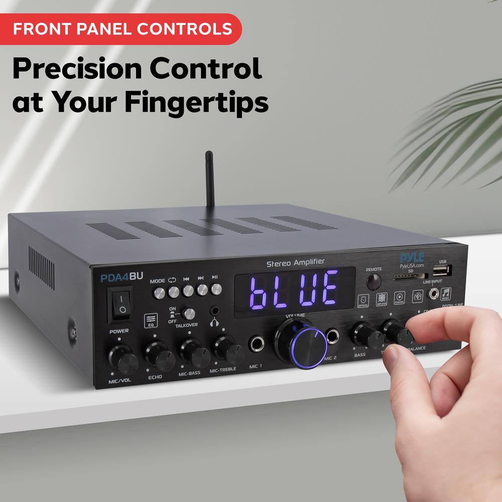 FRONT PANEL CONTROLS  
Precision Controls at Your Fingertips  

PDA4BU  
Stereo Amplifier  

PYLE  
PyleUSA.com  

MODE  
ON/OFF  
TALKOVER  
POWER  
EQ  
MIC/VOL  
ECHO  
MIC-BASS  
MIC-TREBLE  
BASS  
TREBLE  
BALANCE  
MIC 1  
MIC 2  
LINE INPUT  
USB  
REMOTE  
VIN TIME  

6LUE