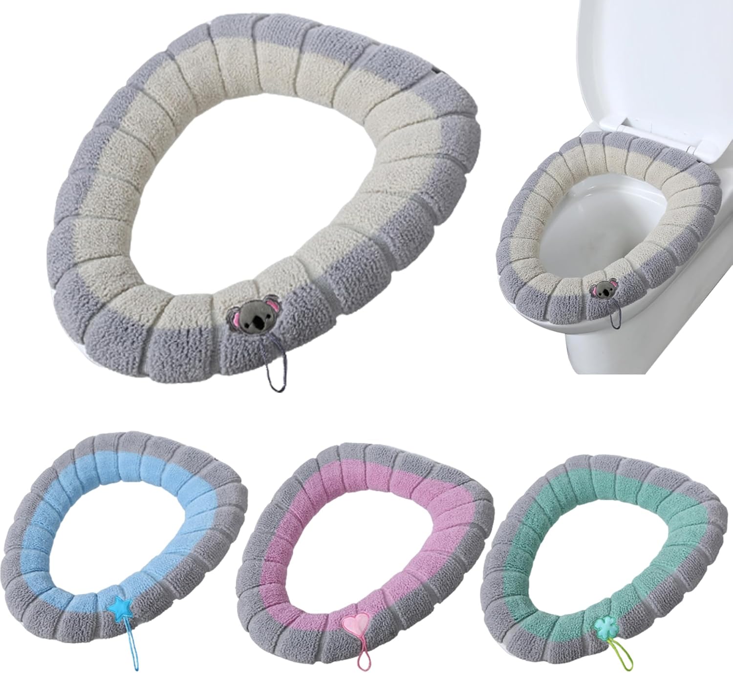 Front. Auledio - 4Pack Household Toilet Seat Cushion with Handle,Knitted Soft Toilet Seat Covers for Bathroom,Padded Toilets Seats Warmer - Multicolor.