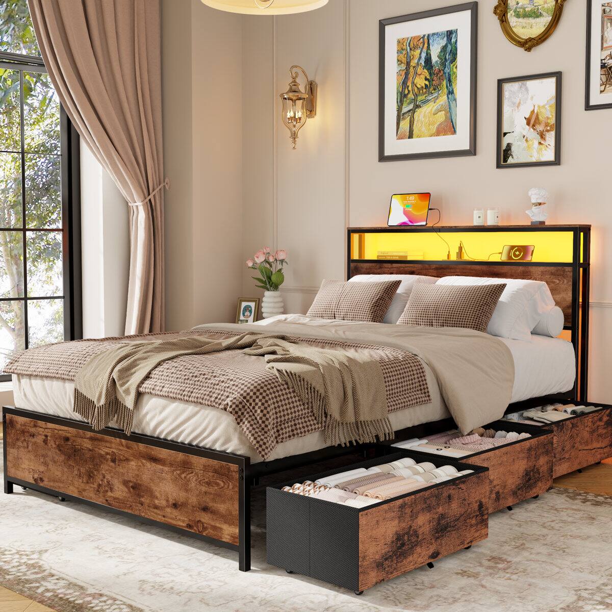 Left. Furnulem - Platform Bed with 6 Drawers and Open Storage Headboard Adjustable LED Light and Charging Station - Brown.