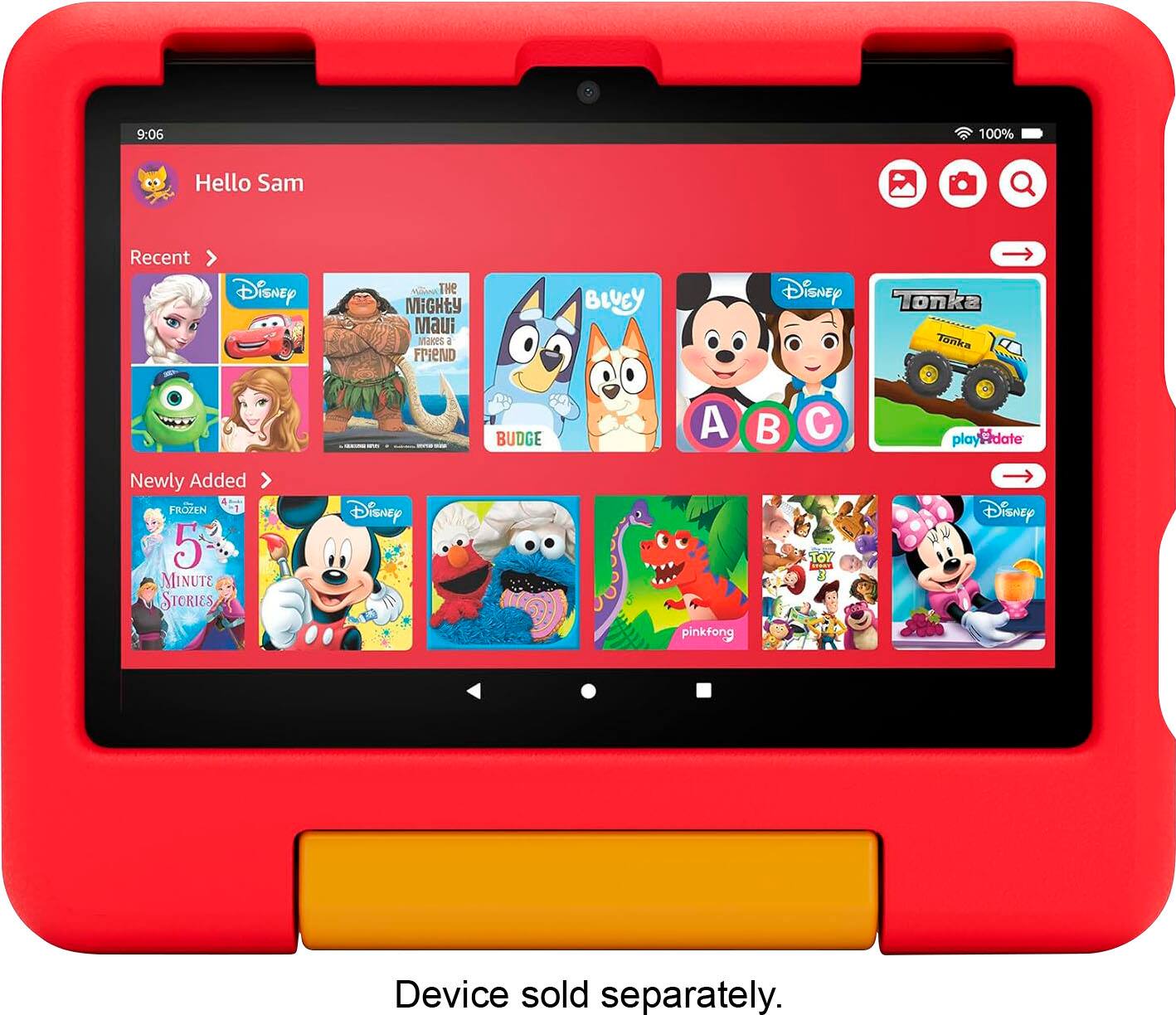 The image shows a red tablet displaying a variety of children's books, including titles from Disney and other popular characters. The tablet is designed to be used by children and is a standalone device, requiring no additional equipment. The device is sold separately, and the image emphasizes this by stating "Device sold separately."