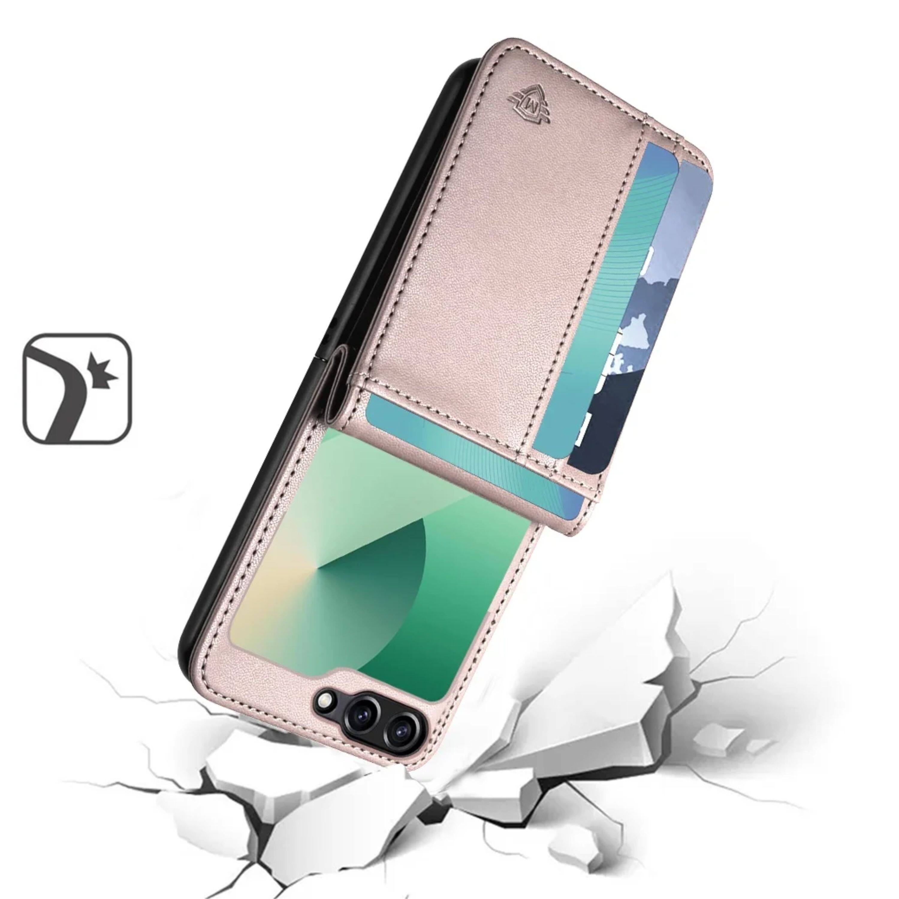Angle. Kitcheniva - Vegan Leather Phone Wallet Case With Tempered Glass For Samsung Z Flip Rose Gold - Rose Gold.