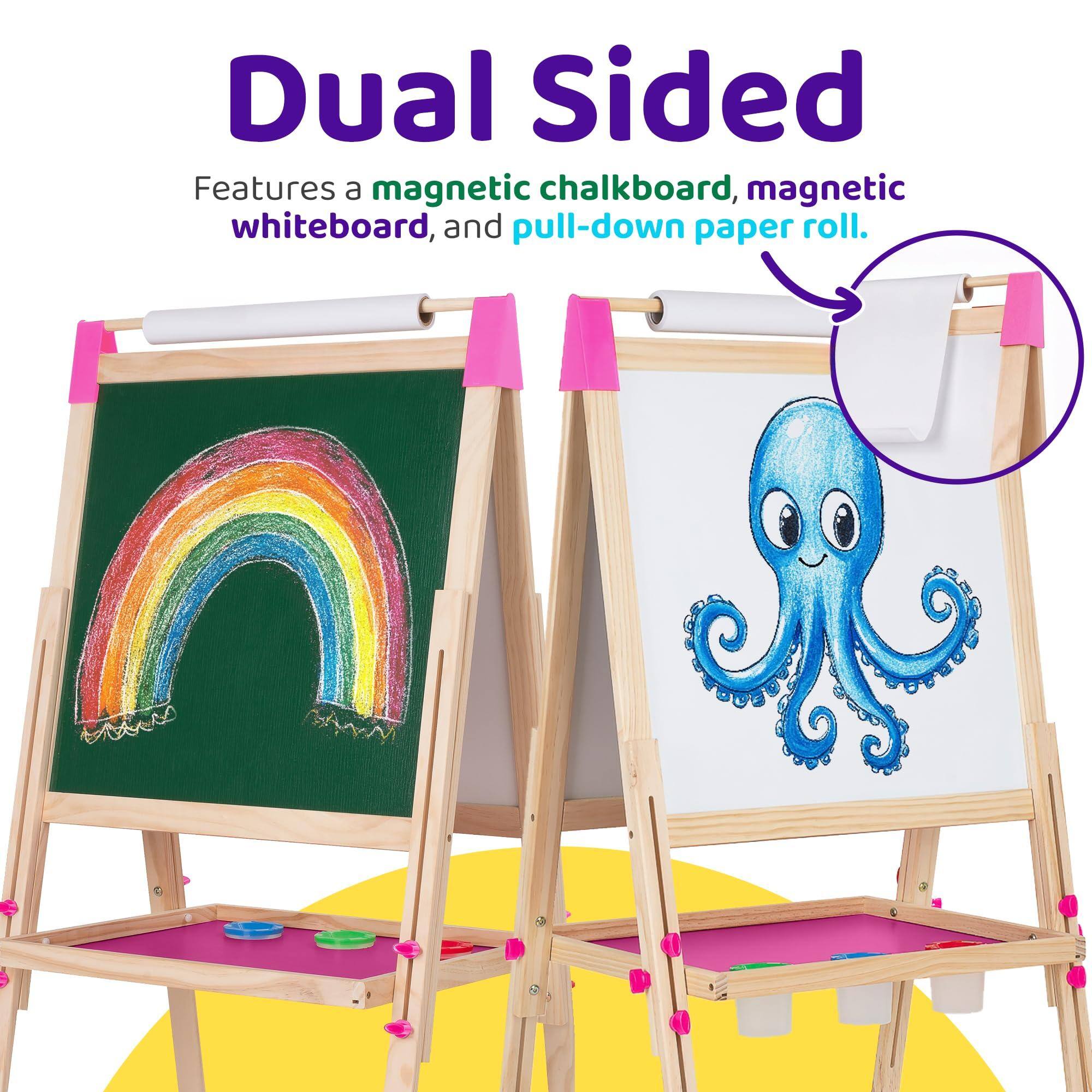 Dual Sided

Features a magnetic chalkboard, magnetic whiteboard, and pull-down paper roll.