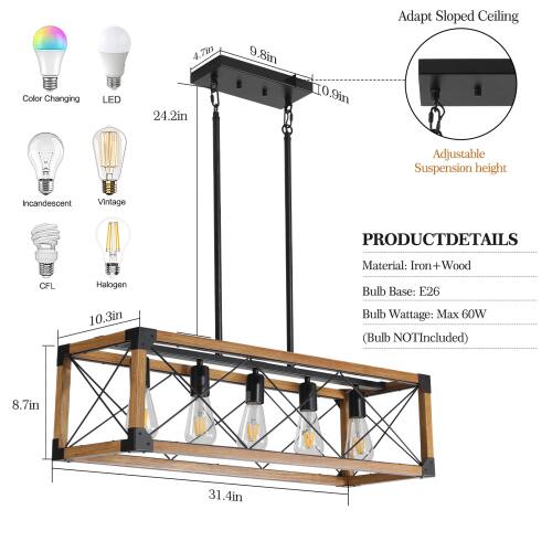 Adapt Sloped Ceiling Color Changing LED

Dimensions:
- 4.7in
- 24.2in
- 9.8in
- 0.9in
- Adjustable Suspension height

PRODUCT DETAILS
- Material: Iron + Wood
- Bulb Base: E26
- Bulb Wattage: Max 60W (Bulb NOT Included)

Dimensions:
- 10.3in
- 8.7in
- 31.4in
