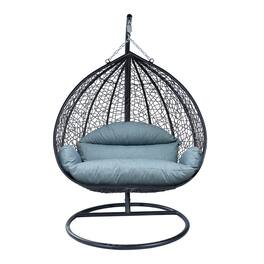 LeisureMod - Recluse Modern Wicker Teardrop Hanging Egg Chair with Stand - Outdoor Indoor Swing Chair & Cushion - Charcoal Blue