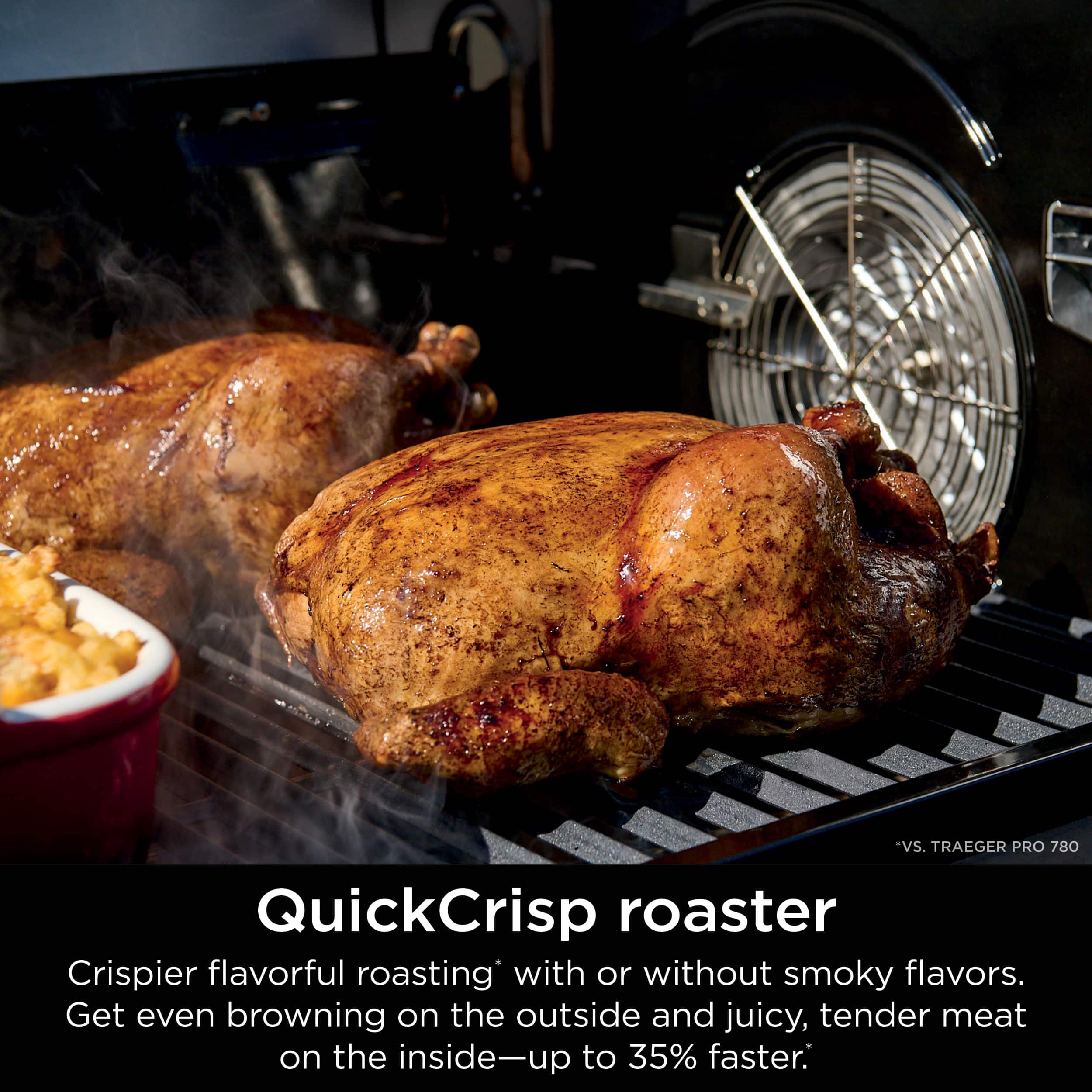 The text on the image reads: "QuickCrisp Roaster: Crispier flavorful roasting with or without smoky flavors. Get even browning on the outside and juicy, tender meat on the inside - up to 35% faster."
