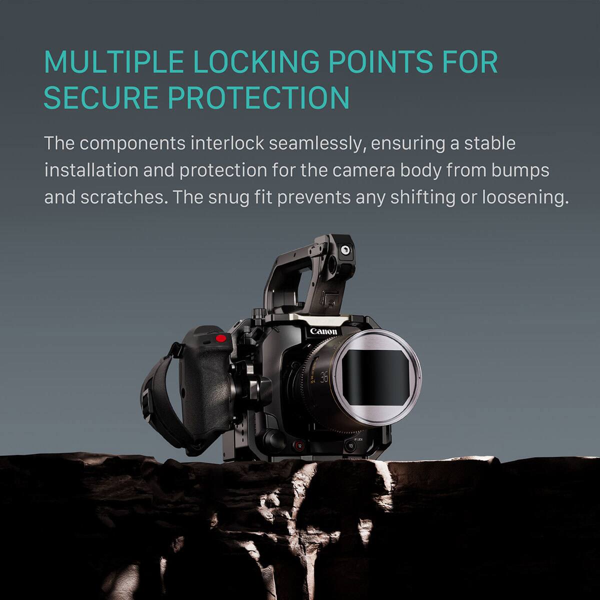MULTIPLE LOCKING POINTS FOR SECURE PROTECTION

The components interlock seamlessly, ensuring a stable installation and protection for the camera body from bumps and scratches. The snug fit prevents any shifting or loosening.