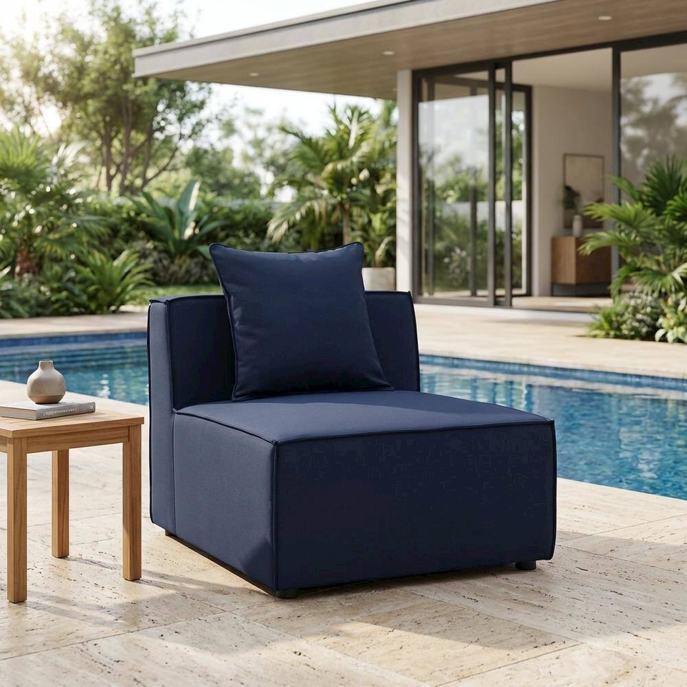 Left. Outdoor Escape - Outdoor Patio Upholstered Armchair in Neutral Color for Comfortable Seating - Blue.