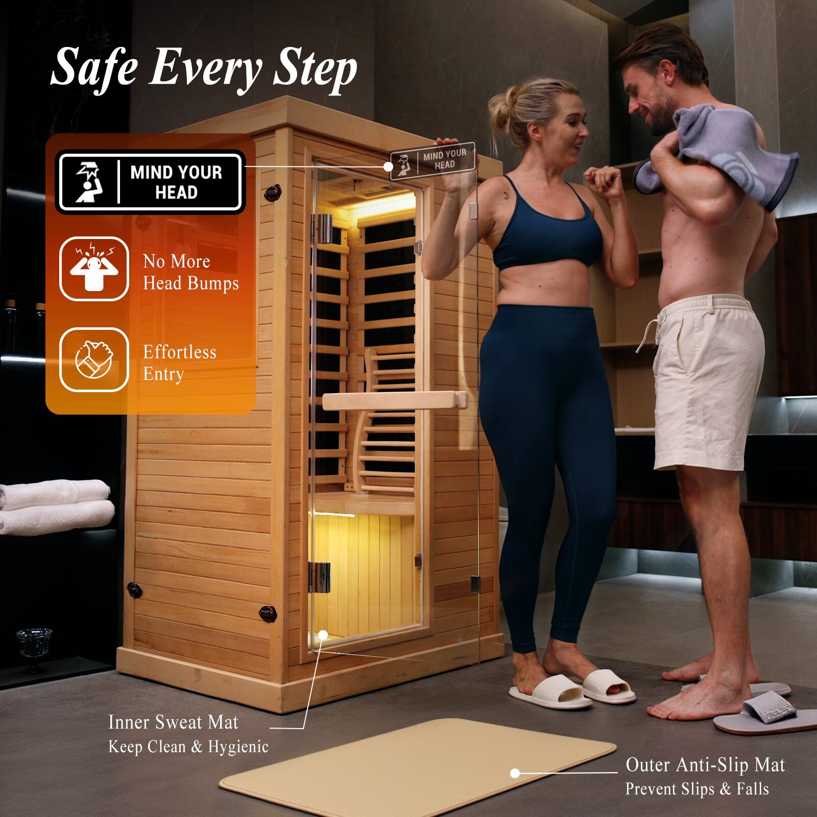 Safe Every Step

- MIND YOUR HEAD
- No More Head Bumps
- Effortless Entry

Inner Sweat Mat
Keep Clean & Hygienic

Outer Anti-Slip Mat
Prevent Slips & Falls