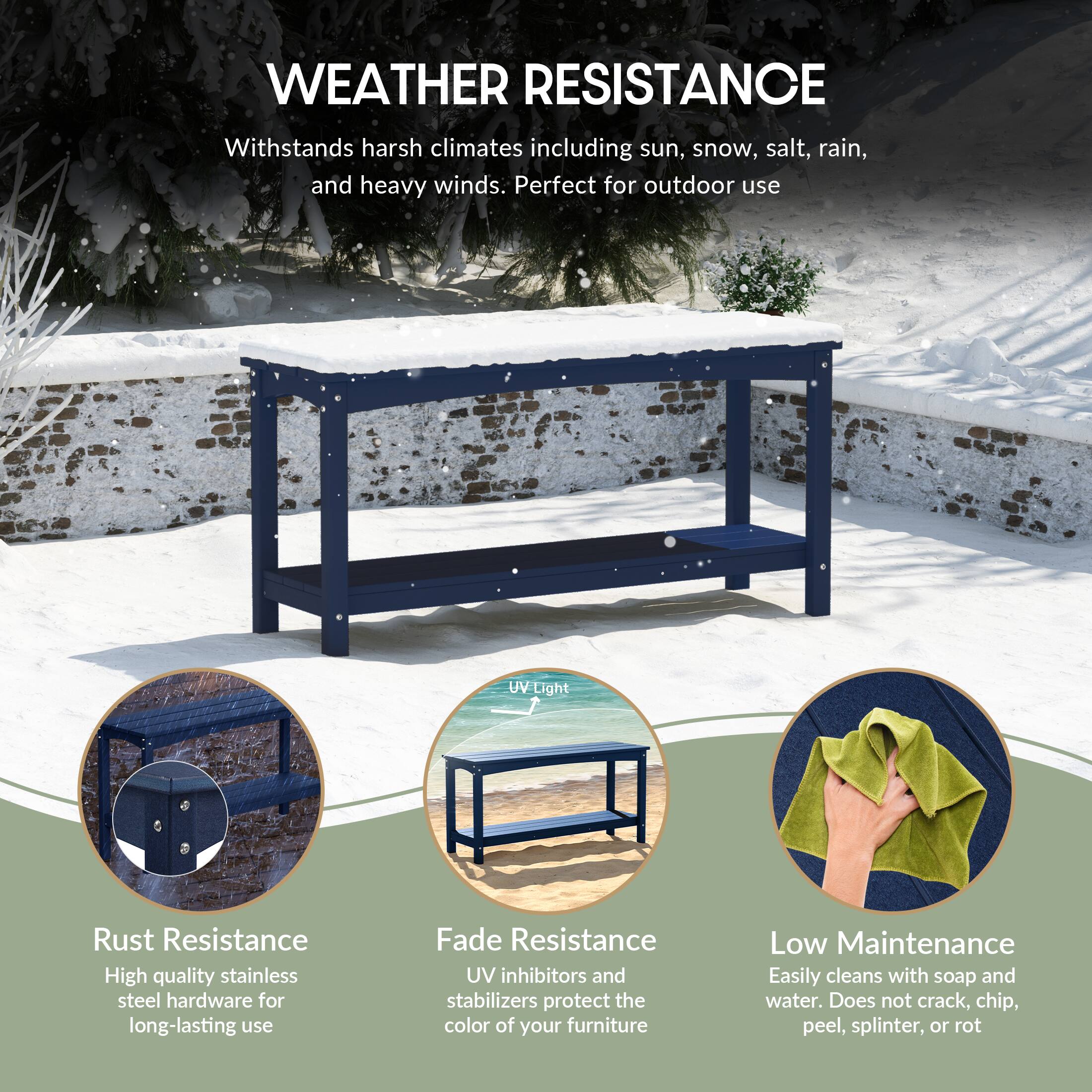 WEATHER RESISTANCE  
Withstands harsh climates including sun, snow, salt, rain, and heavy winds. Perfect for outdoor use.

- Rust Resistance  
  High quality stainless steel hardware for long-lasting use

- Fade Resistance  
  UV inhibitors and stabilizers protect the color of your furniture

- Low Maintenance  
  Easily cleans with soap and water. Does not crack, chip, peel, splinter, or rot