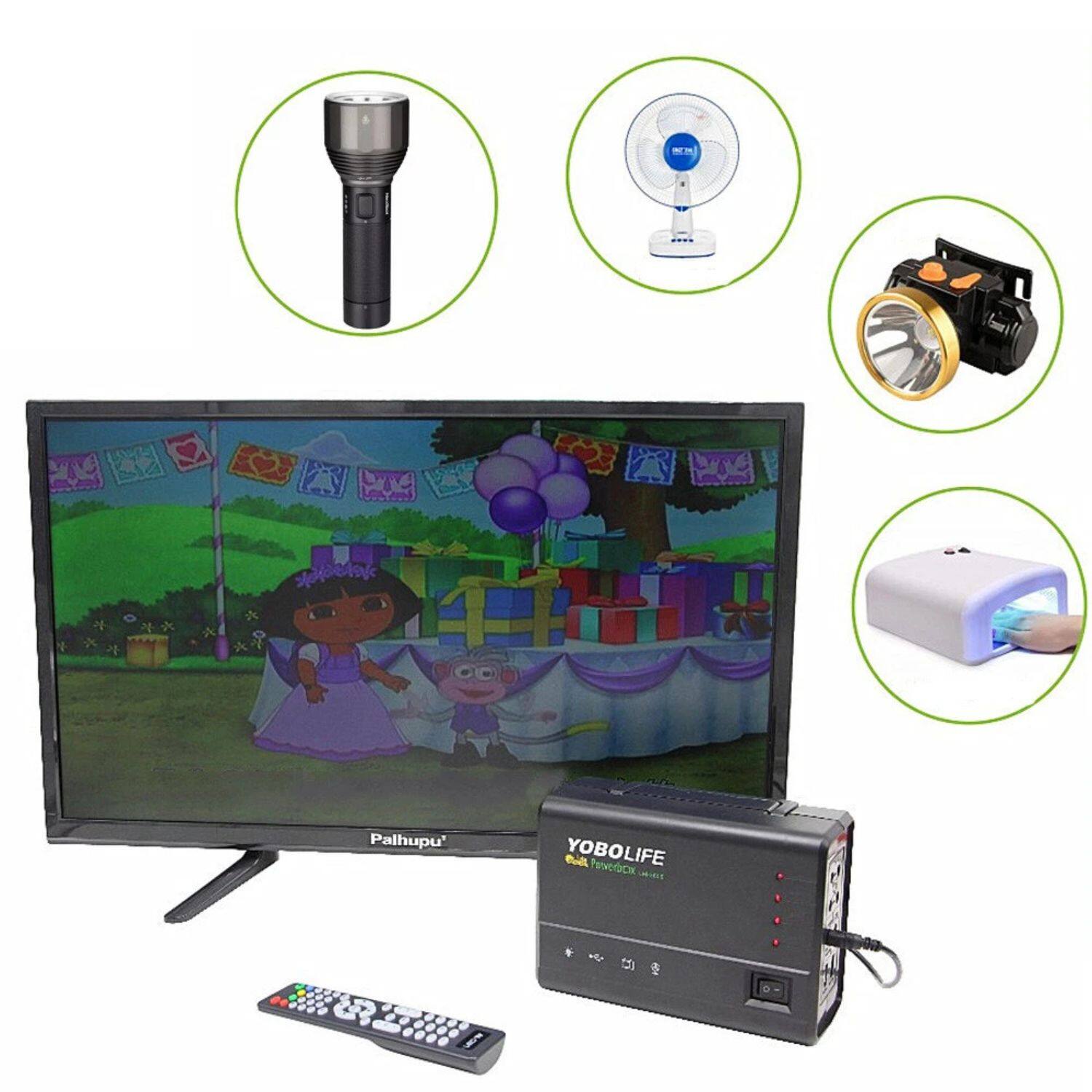 Sure, here is the corrected and grouped text from the image:

**Television:**
- Palhupu'

**DVD Player:**
- YOBOLIFE
- FULL HD 1080P
- USB/TF/USB-PLAYBACK

**Additional Items:**
- (No text visible on the additional items)