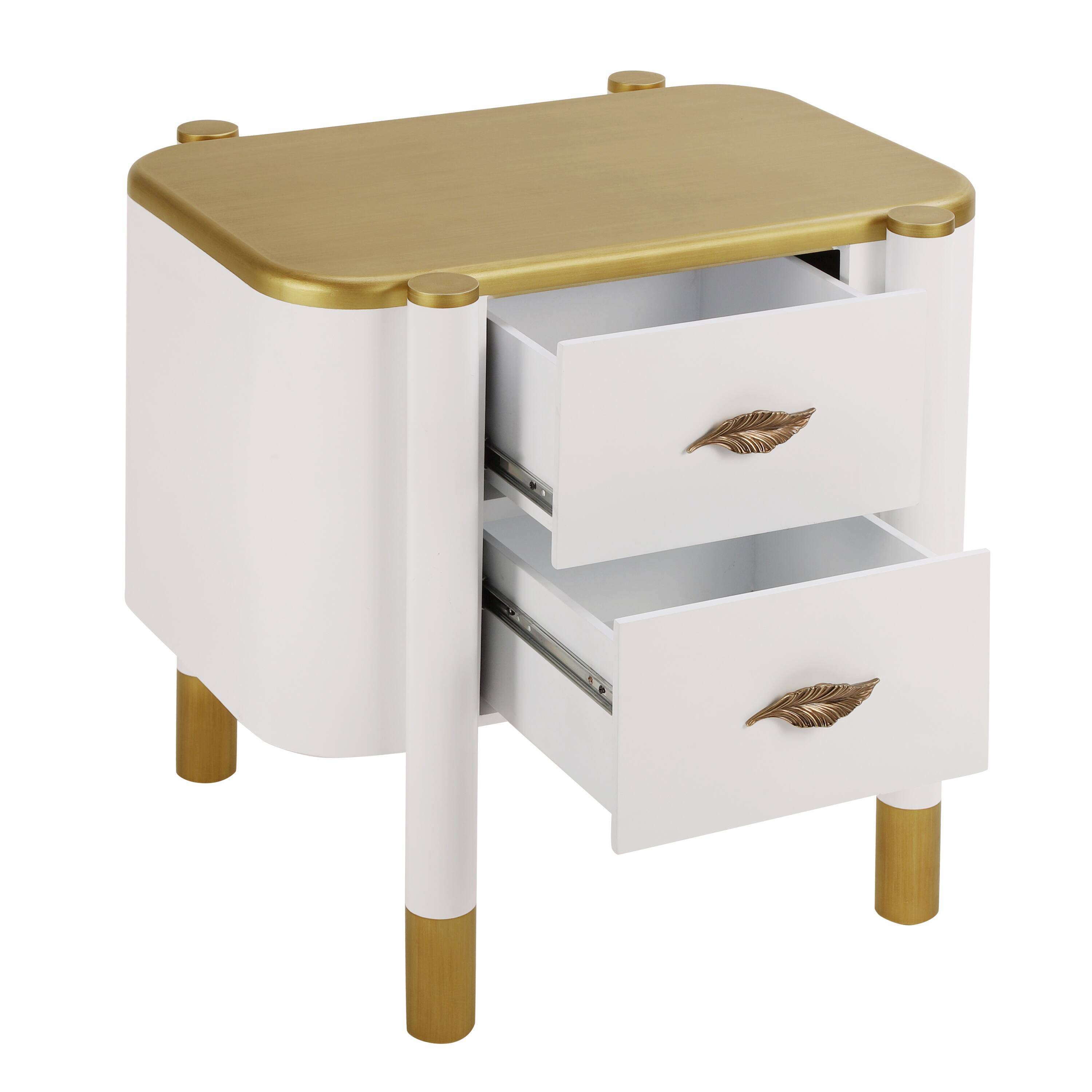 Back. Whisen - 2-Drawer Nightstand with Curved Profile,Bedside Table with Feather-Shaped Handles and High Legs - White.