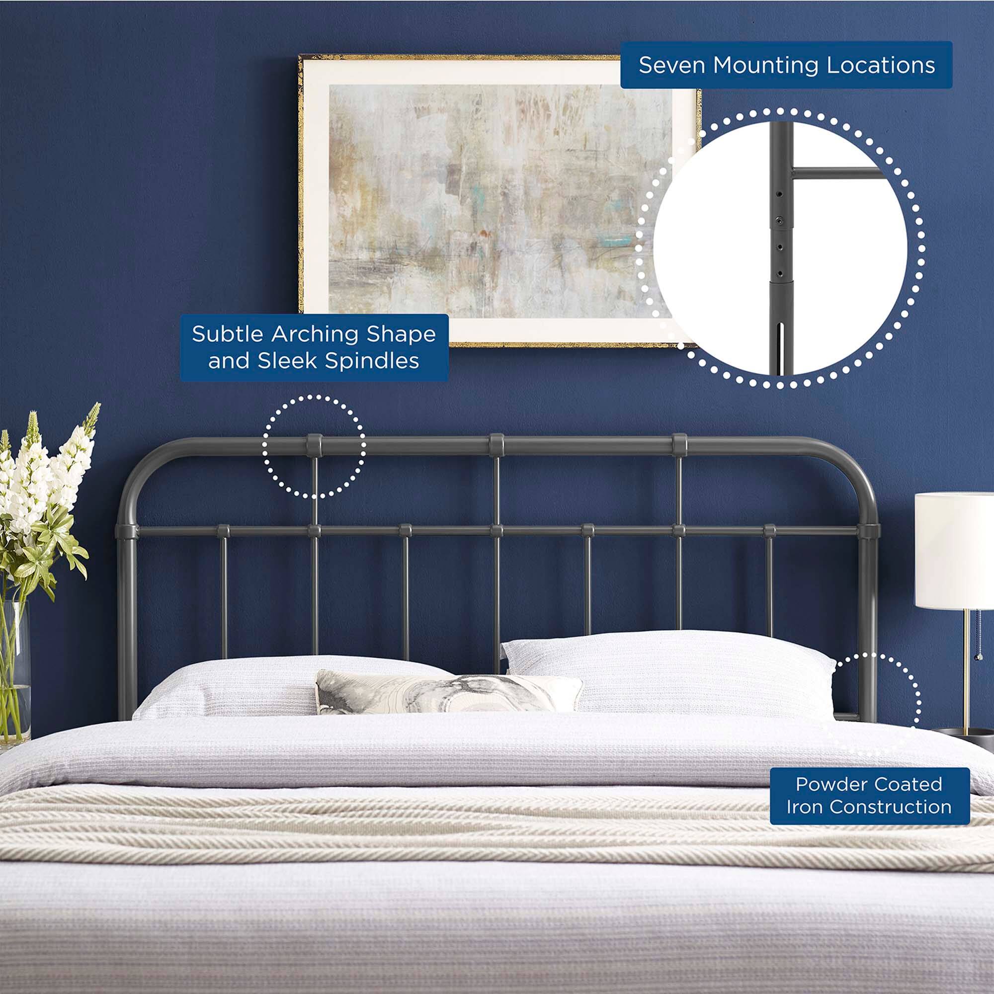 Seven Mounting Locations  
Subtle Arched Shape and Sleek Spindles  
Powder Coated Iron Construction