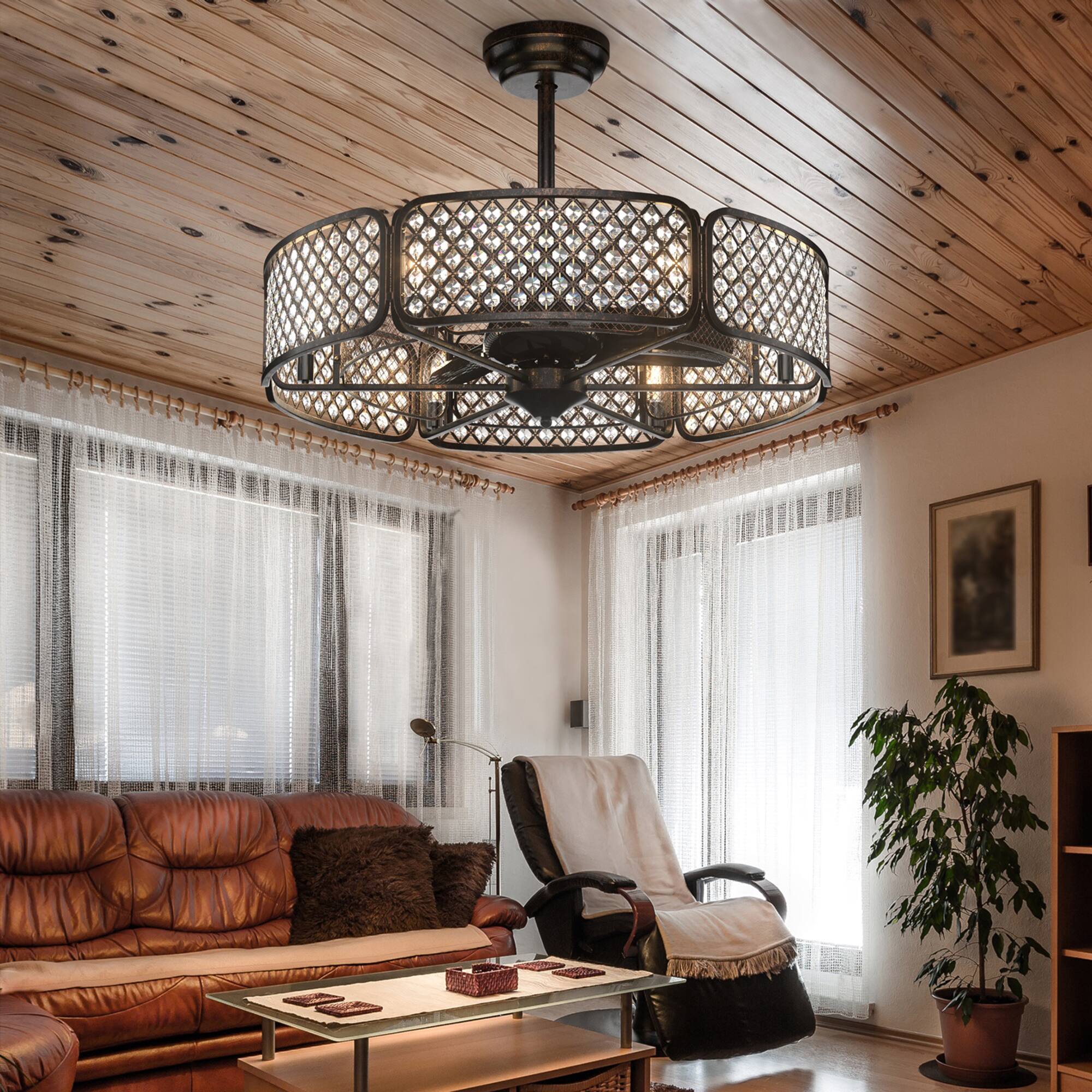 Alt View 2. Gymax - Gymax 30'' Caged Ceiling Fan With Light Crystal Lampshade 6 Light Bases Coffee - Coffee.