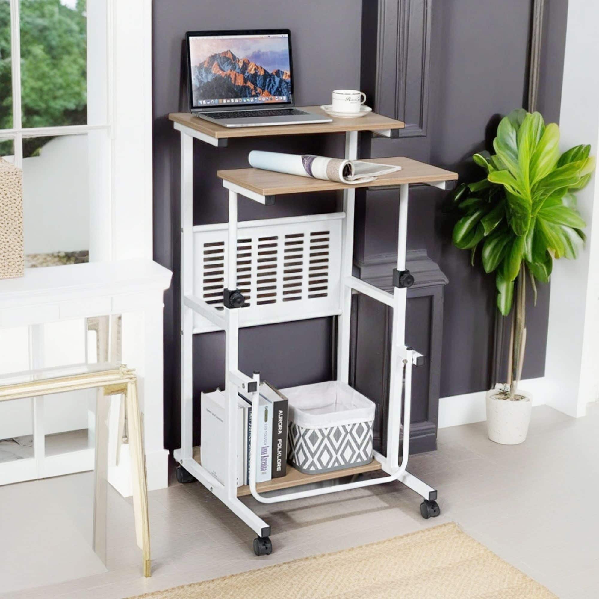 Pefilos - Standing Desk for Small Space Sit Stand Desk with Height Adjustable Desktop, Laptop Workstation with Wheels - White