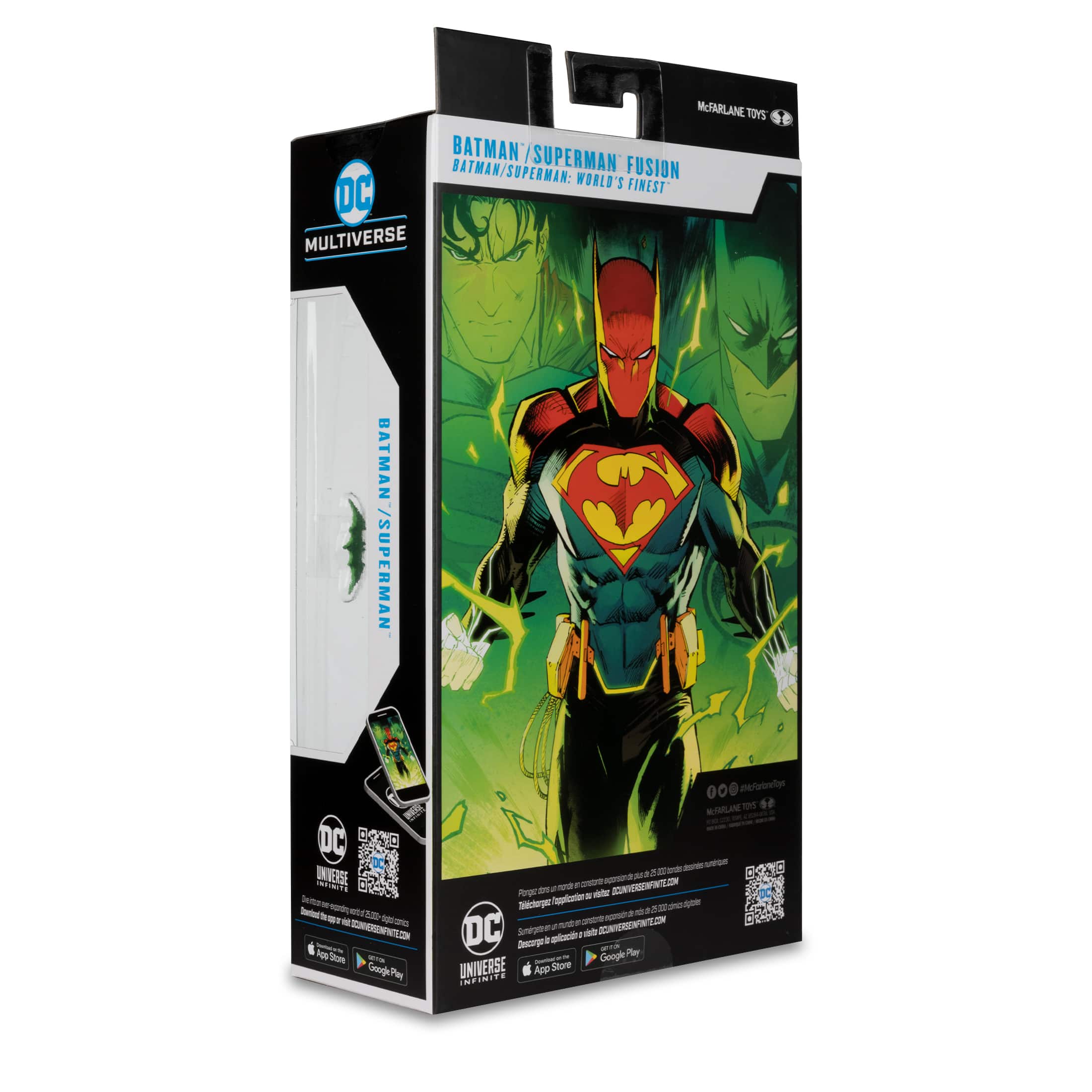 "Batman/Superman: World's Fusion" is a DC Multiverse action figure set that includes a Batman and a Superman figure. The set comes with a comic book and a collectible card. The figures are designed to be posable and can be displayed on a shelf or used for play. The set is intended for fans of the DC Comics universe and is suitable for ages 12 and up.