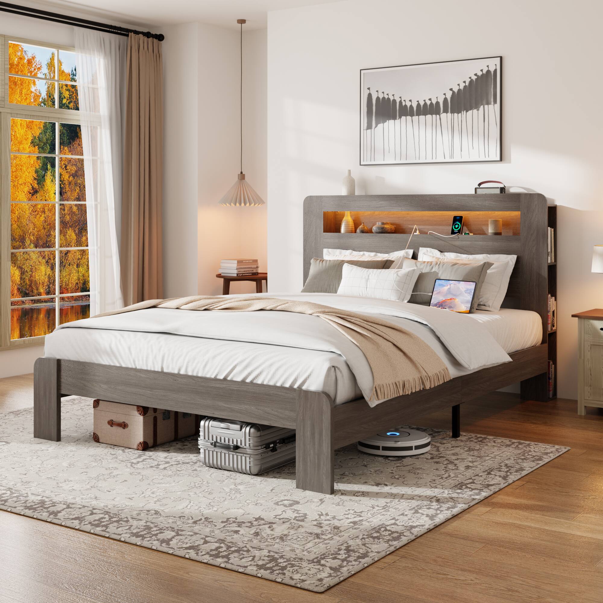 Angle. LUCKY ONE - Queen Size Wood Platform Bed Frame with Storage LED Light Headboard and 2 USB - Dawn Grey.