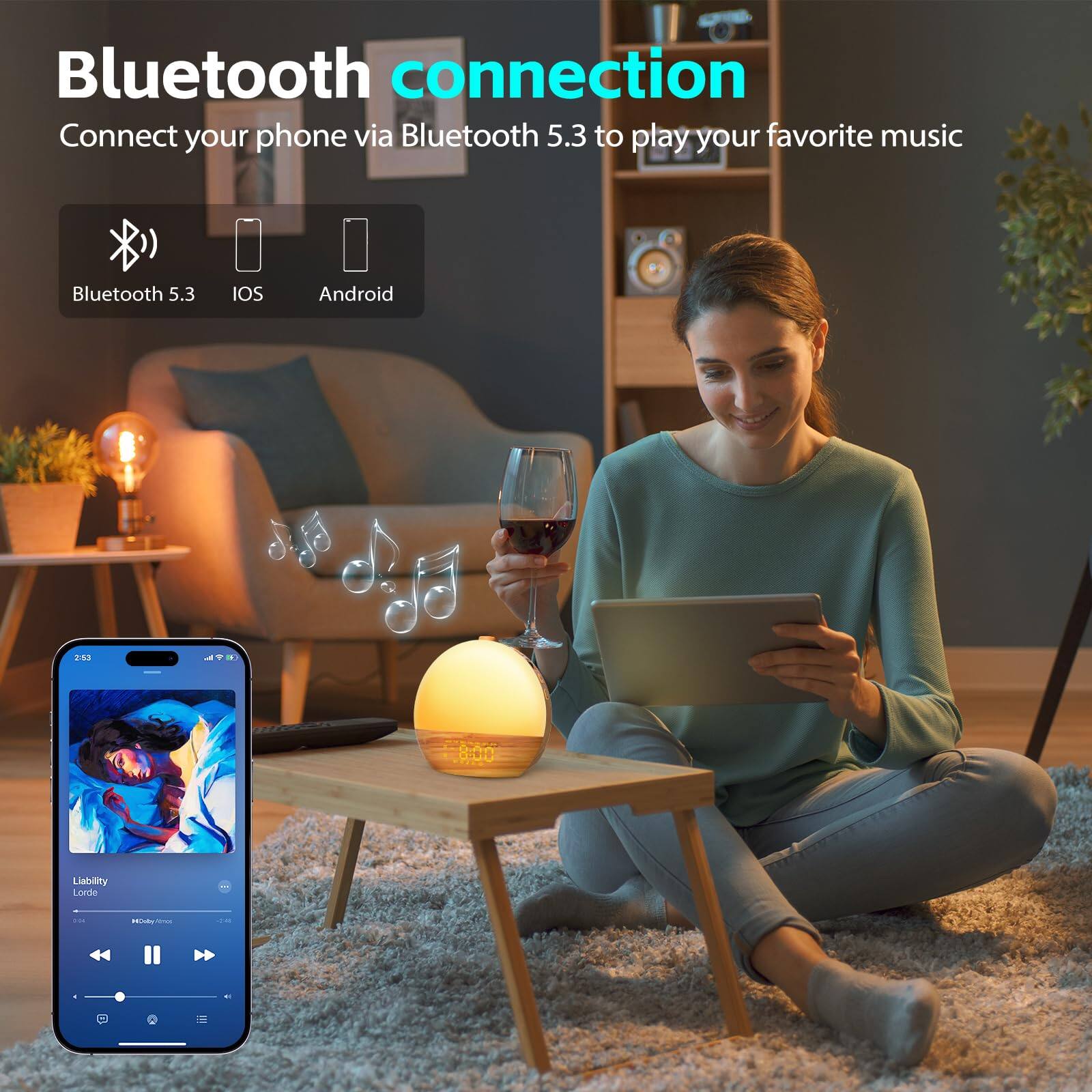 Bluetooth connection  
Connect your phone via Bluetooth 5.3 to play your favorite music  
Bluetooth 5.3  
IOS  
Android  

Liability  
Lorde  
#LordeMusic
