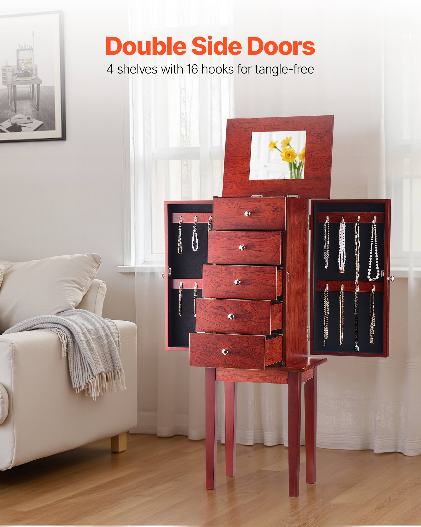 Double Side Doors  
4 shelves with 16 hooks for tangle-free