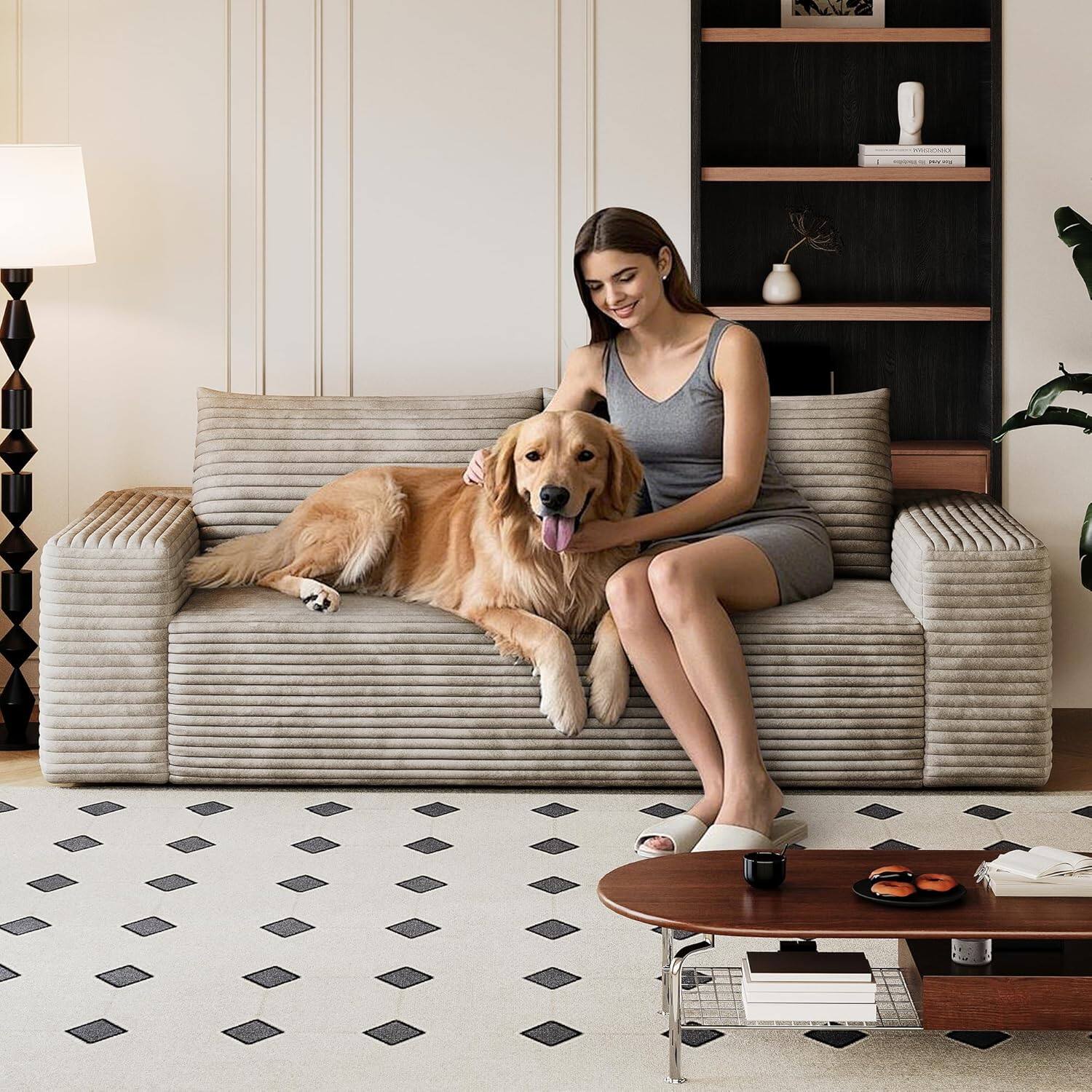 Alt View 2. Trinkets Crazed - 63" 2-Seater LoveSeat Sofa Plush Corduroy Boneless Couch with High Cushion Backrest and Wider Armrest - camel.