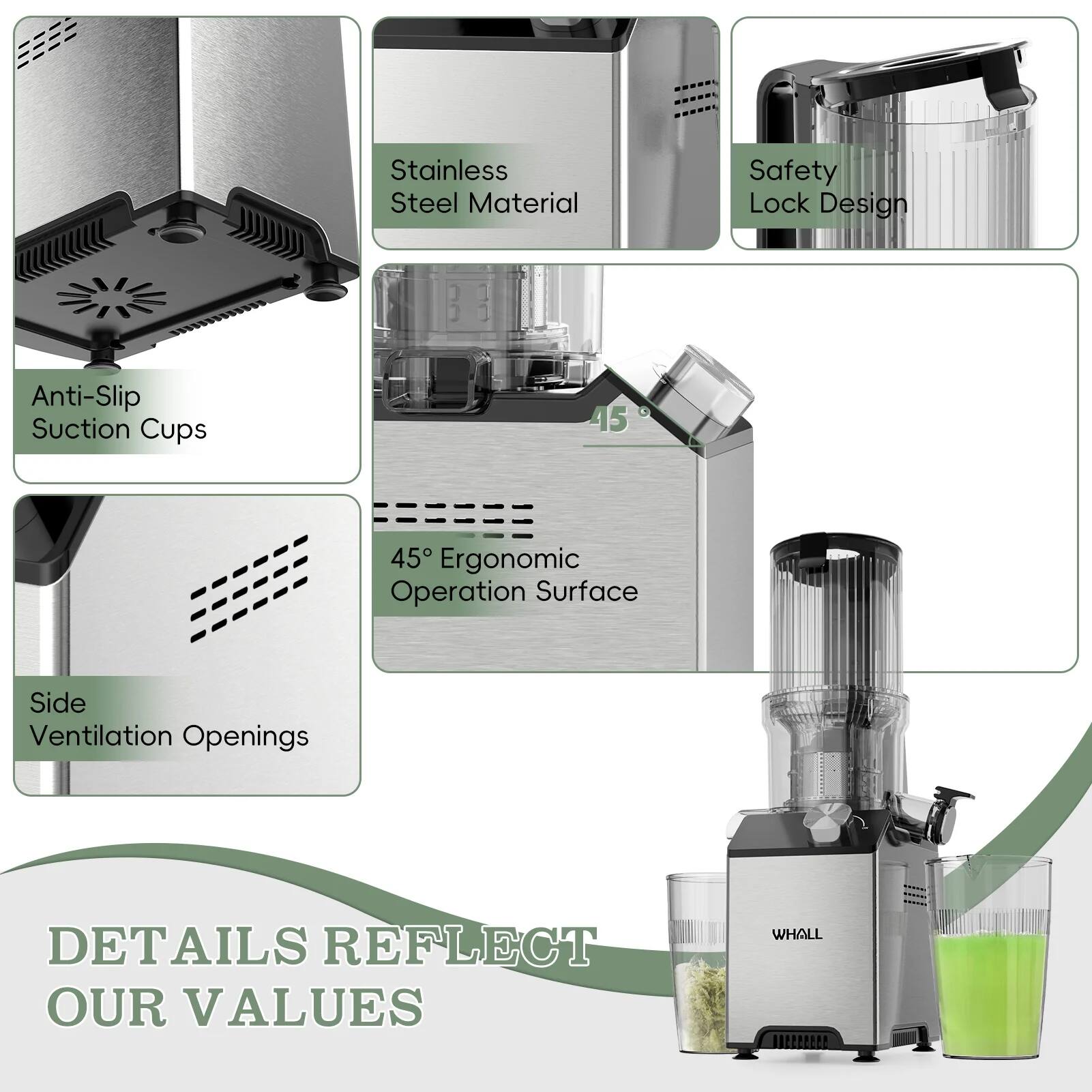 - Stainless Steel Material
- Safety Lock Design
- Anti-Slip Suction Cups
- 45° Ergonomic Operation Surface
- Side Ventilation Openings

DETAILS REFLECT OUR VALUES

WHALL