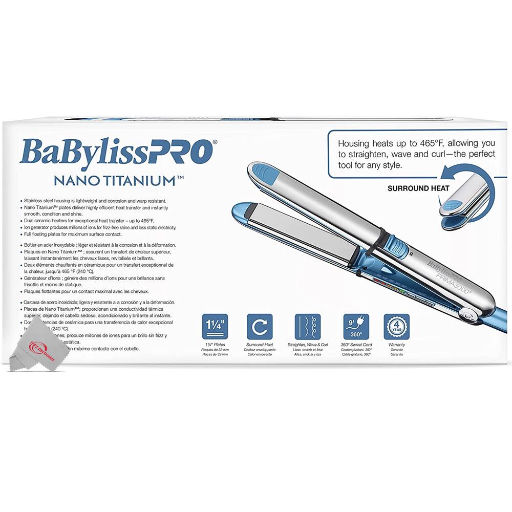 BaBylissPRO NANO TITANIUM

Housing heats up to 465°F, allowing you to straighten, wave and curl—the perfect tool for any style.

SURROUND HEAT

Stainless steel housing is lightweight and corrosion and warp resistant.
Nano Titanium™ plates are highly efficient heat transfer and instantly smooth, condition and shine.
Dual ceramic heaters for exceptional heat transfer up to 465°F.
Ion generator produces millions of ions for frizz-free shine and less static electricity.
Full floating plates for maximum surface contact.

Bober acero inoxidable: ligero y resistente a la corrosión y la deformación.
Placas en Nano Titanium™: aseguran un transfer de calor superior, lisas instantáneamente los cabellos, revitalizándolos y brillándolos.
Dos elementos calientes de cerámica para un transfer de calor excepcional de hasta 2240 °C.
Generador de iones: genera millones de iones para un brillo sin frizz y menos estática.
Placas flotantes para un contacto maximal con los cabellos.

Carcasa de acero inoxidable: ligera y resistente a la corrosión y la deform