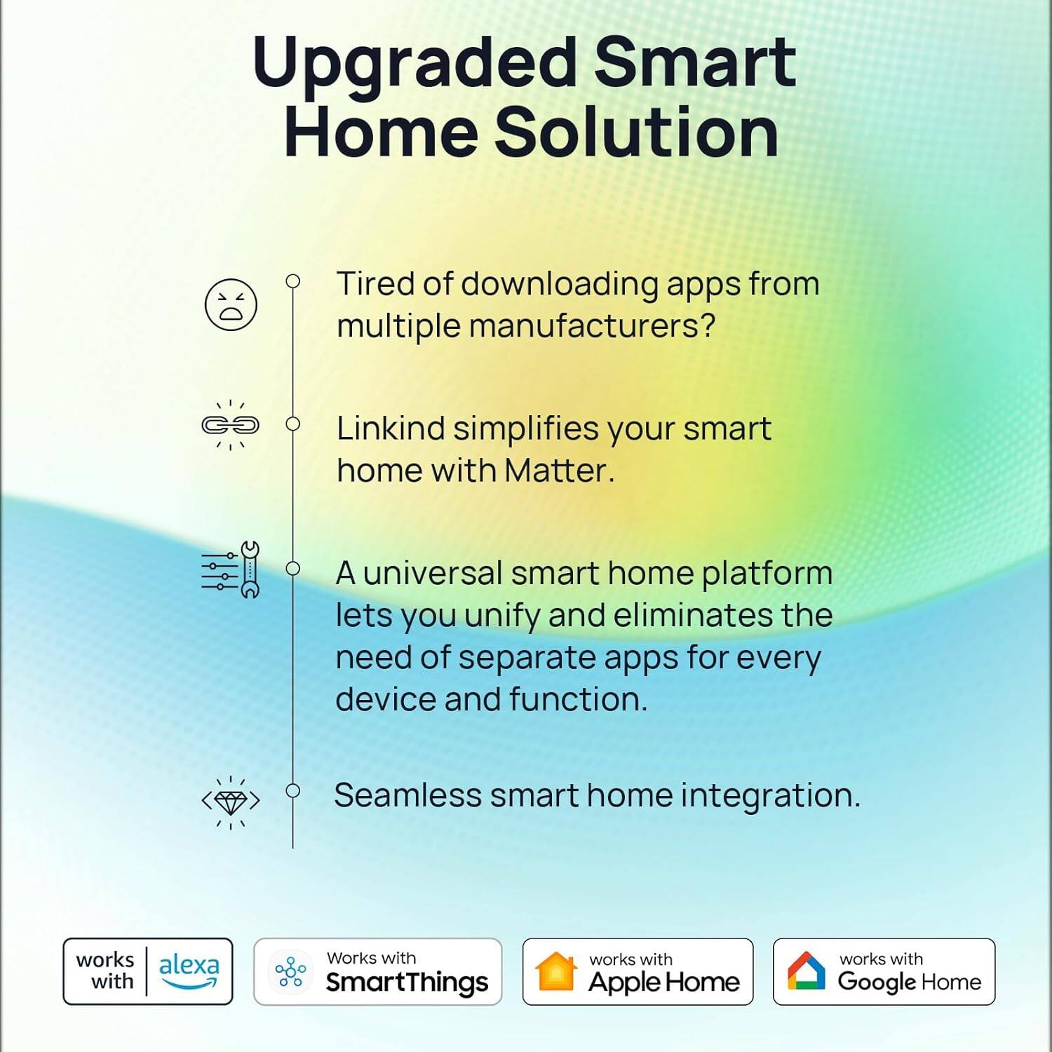 Upgraded Smart Home Solution

Tired of downloading apps from multiple manufacturers?

Linkind simplifies your smart home with Matter.

A universal smart home platform lets you unify and eliminates the need of separate apps for every device and function.

Seamless smart home integration.

- Works with Alexa
- Works with SmartThings
- Works with Apple Home
- Works with Google Home