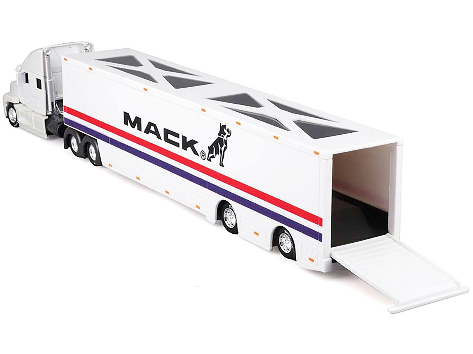 Angle. Maisto - Mack Anthem Enclosed Car Transporter "Mack" White with Red and Blue Stripes "Custom Haulers" Series 1/64 - White with Red and Blue.