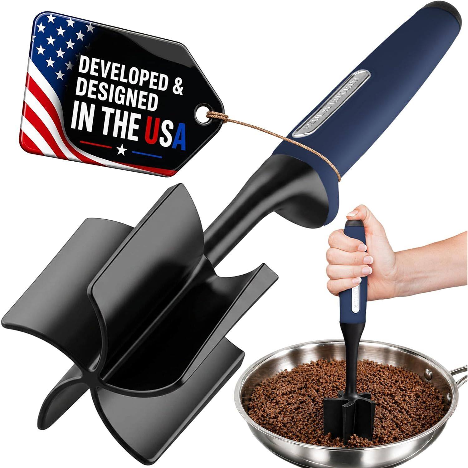 Zulay Kitchen - 5-Blade Meat Chopper, Pinwheel Design Ground Meat Masher with Comfortable Grip - Navy