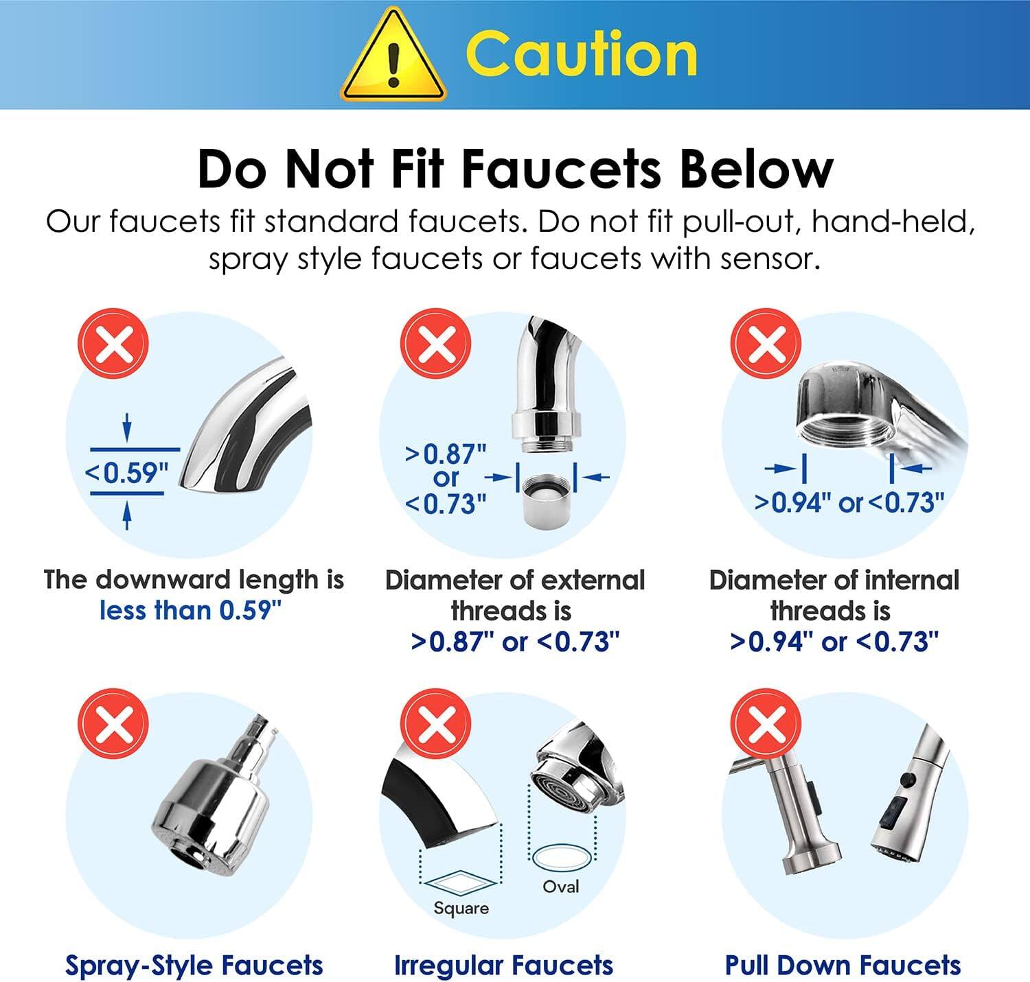 **Caution**

**Do Not Fit Faucets Below**

Our faucets fit standard faucets. Do not fit pull-out, hand-held, spray style faucets or faucets with sensor.

- The downward length is less than 0.59"
- Diameter of external threads is >0.87" or <0.73"
- Diameter of internal threads is >0.94" or <0.73"

- Spray-Style Faucets
- Irregular Faucets
- Pull Down Faucets