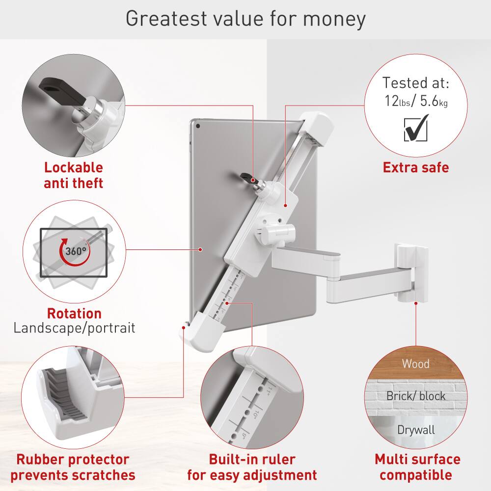 Greatest value for money

- Tested at: 12 lbs / 5.6 kg
- Lockable anti theft
- Extra safe
- 360° Rotation
- Landscape/portrait
- Rubber protector prevents scratches
- Built-in ruler for easy adjustment
- Multi surface compatible
- Wood
- Brick/ block
- Drywall