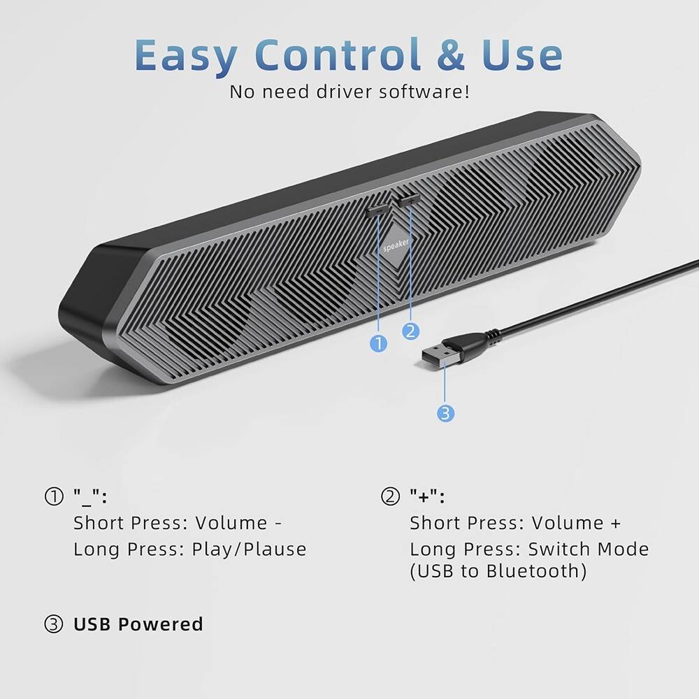 Easy Control & Use  
No need driver software!

1. "-":  
   Short Press: Volume -  
   Long Press: Play/Pause

2. "+":  
   Short Press: Volume +  
   Long Press: Switch Mode (USB to Bluetooth)

3. USB Powered