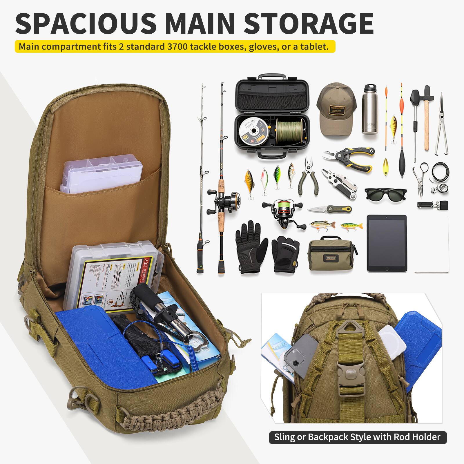 SPACIOUS MAIN STORAGE  
Main compartment fits 2 standard 3700 tackle boxes, gloves, or a tablet.  

Sling or Backpack Style with Rod Holder