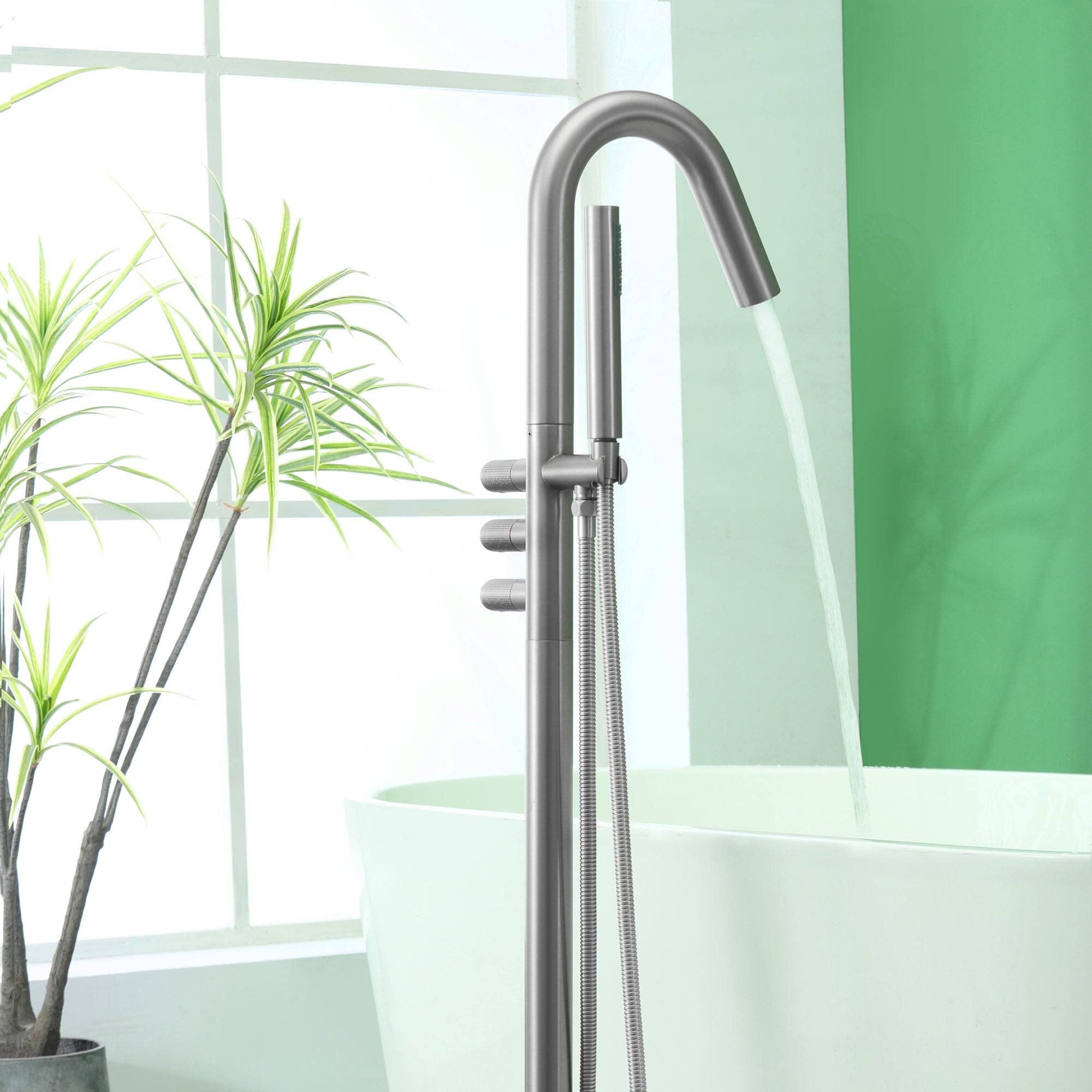 Alt View 2. Boyel Living - Brushed Bathtub Faucet Dual Function 360 Degrees Rotatable 1.5m SUS304 Hose Triple Knob - Brushed Nickel.