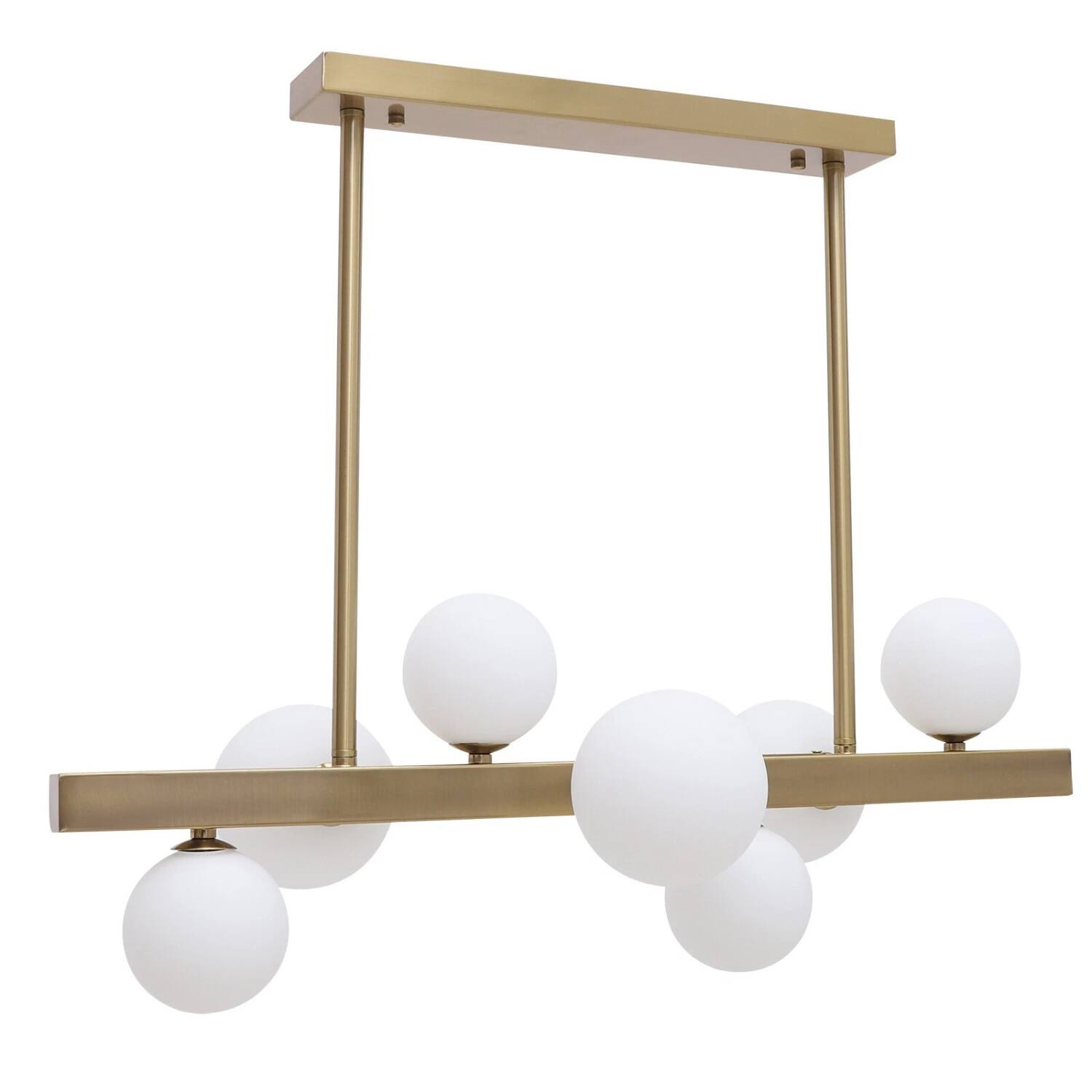 Angle. Stock Preferred - Mid Century Modern 7-Light Gold Linear Chandelier with Glass Globes - Clear.
